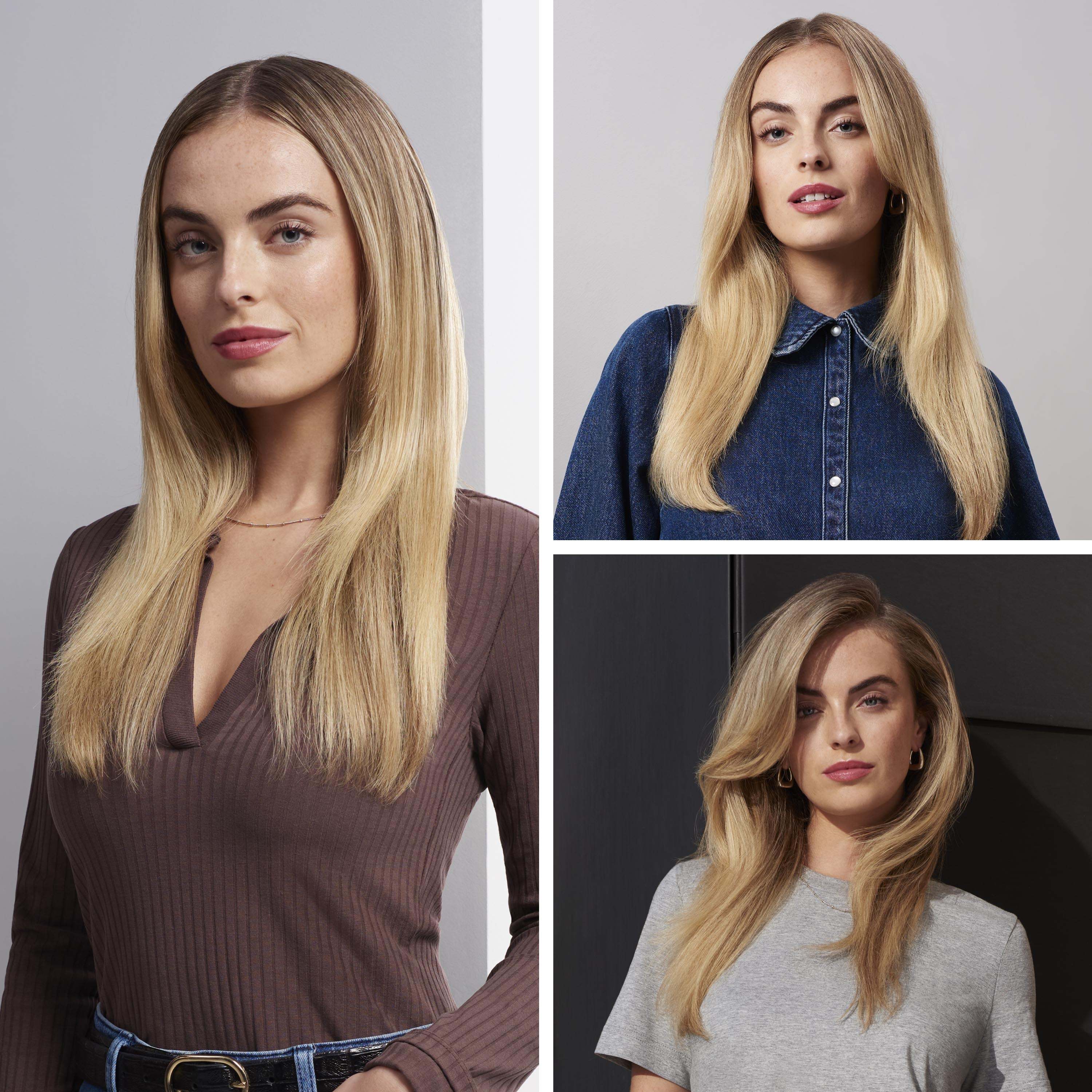 Eine Frau mit blondem Haar ist auf drei Fotos zu sehen. Sie trägt verschiedene Oberteile: braun, Jeans und grau. Der Hintergrund ist hell.