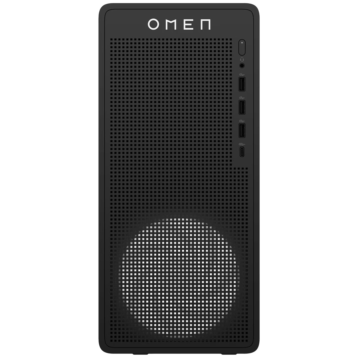 Zwarte OMEN computertoren met mesh voorkant. Bovenin staat OMEN in wit. Poorten en aan/uit-knop aan de rechterkant.