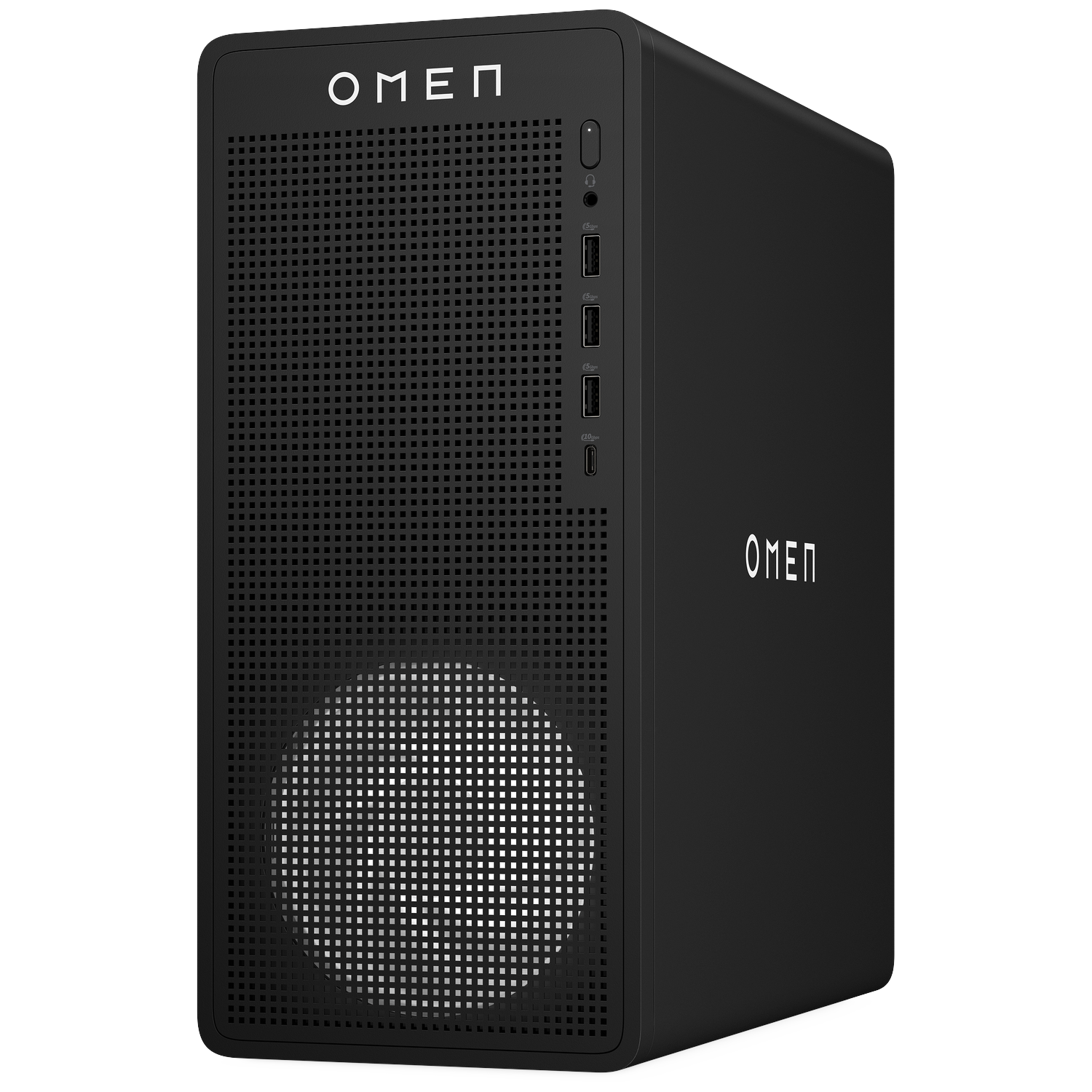 Zwarte OMEN desktopcomputer. De voorkant heeft een geperforeerd ontwerp. Het OMEN-logo is wit. USB-poorten aan de rechterkant.