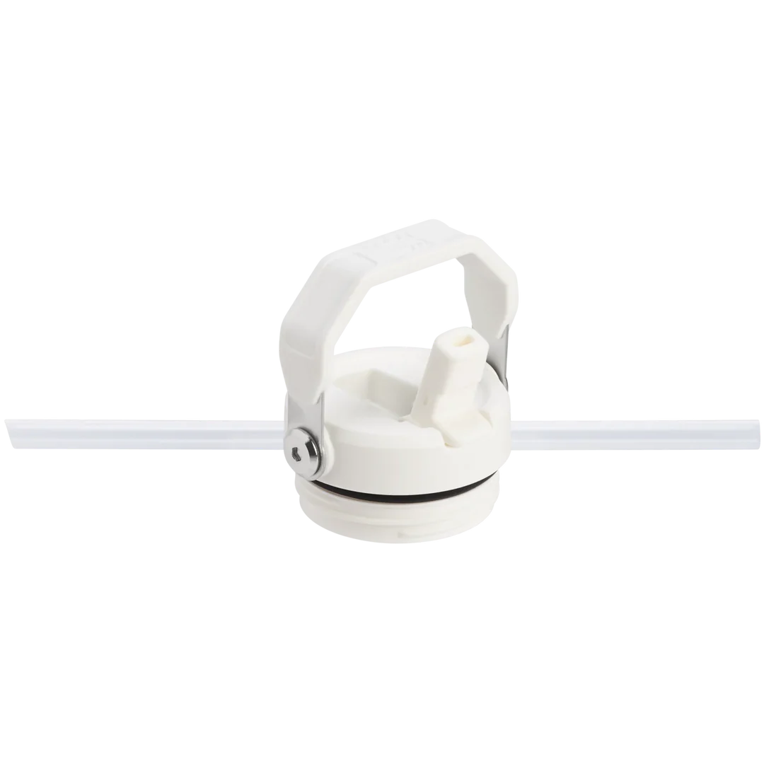 Saplı ve pipetli beyaz bir su şişesi kapağı. Kapak yuvarlak ve bir ağzı var. Gümüş bir menteşe görünüyor.