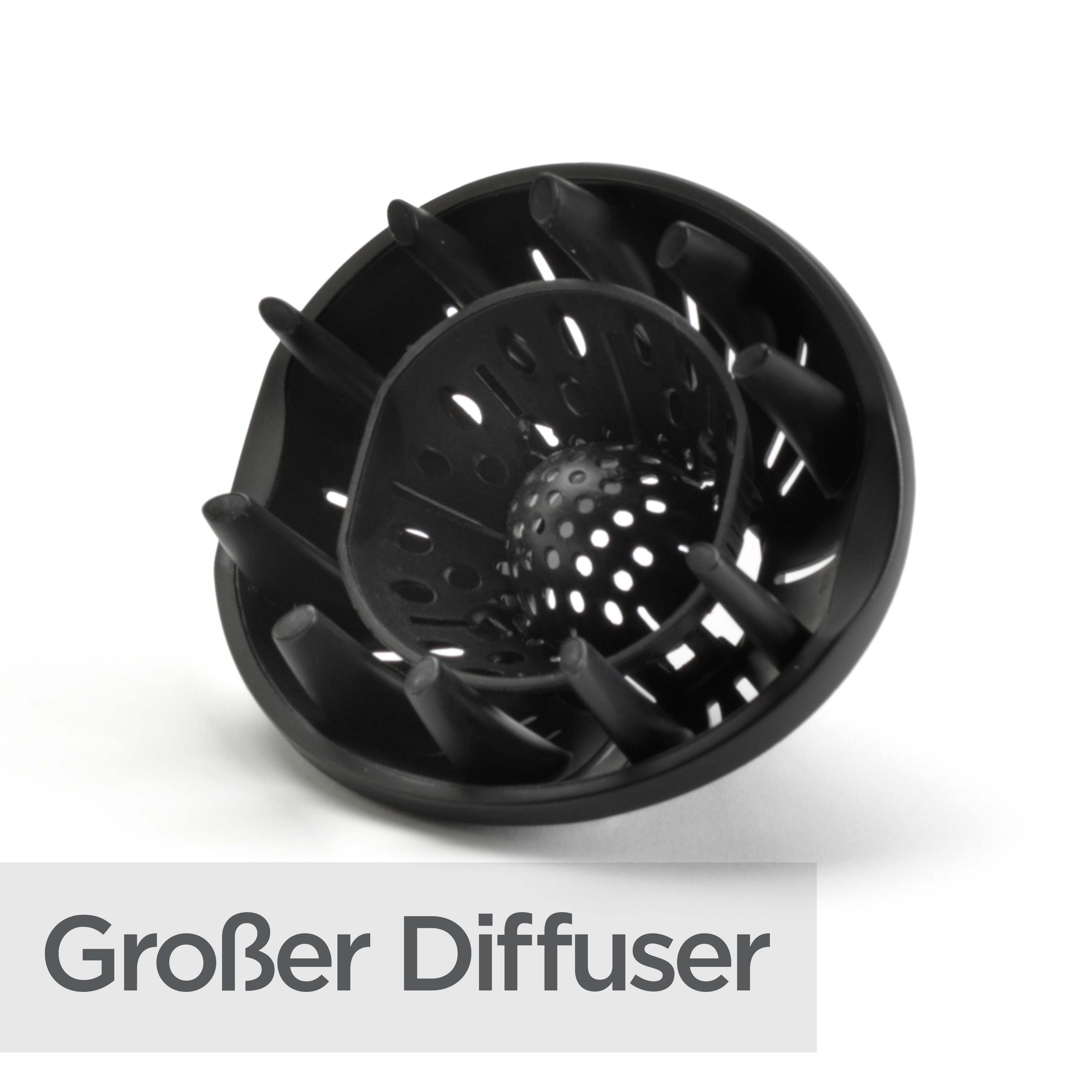 Ein schwarzer Haardiffusor mit mehreren Zinken und einem perforierten Inneren, auf weißem Hintergrund. Text: 'Großer Diffusor'.