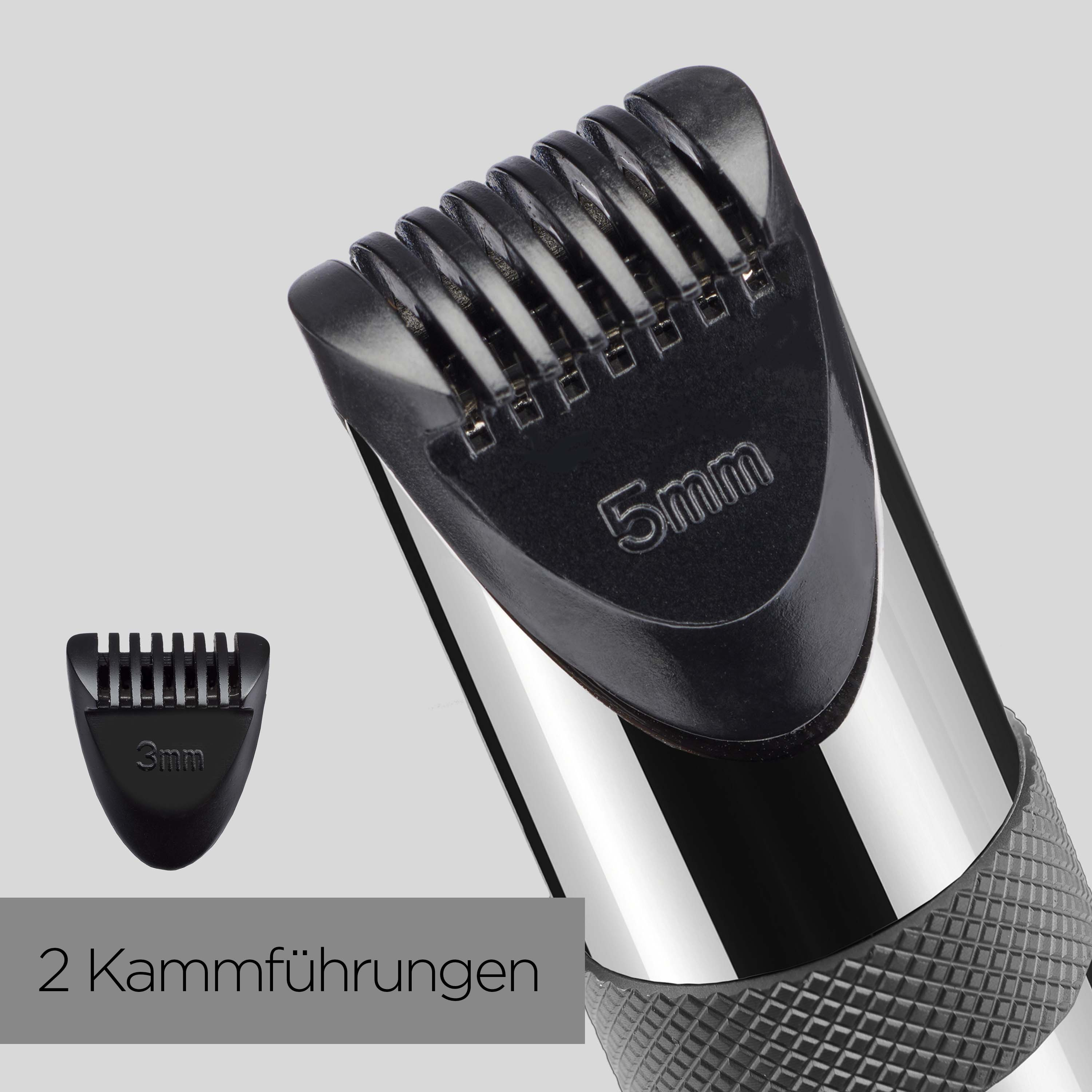 Nahaufnahme eines schwarzen Bartschneiders mit zwei Aufsätzen, 5mm und 3mm. Der Griff ist silber.