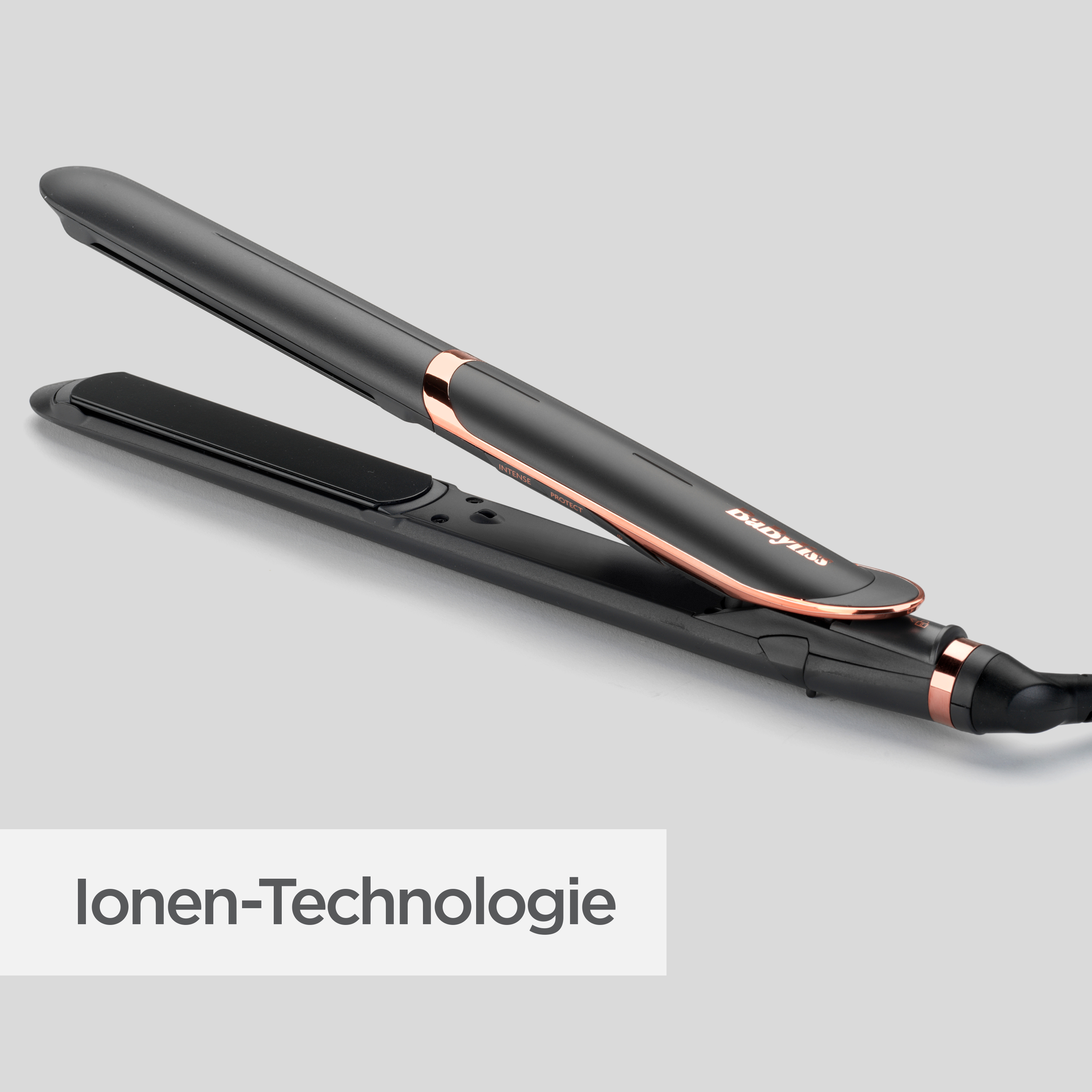 Schwarzer Haarglätter mit roségoldenen Akzenten auf hellgrauem Hintergrund. Text unten: Ionen-Technologie.