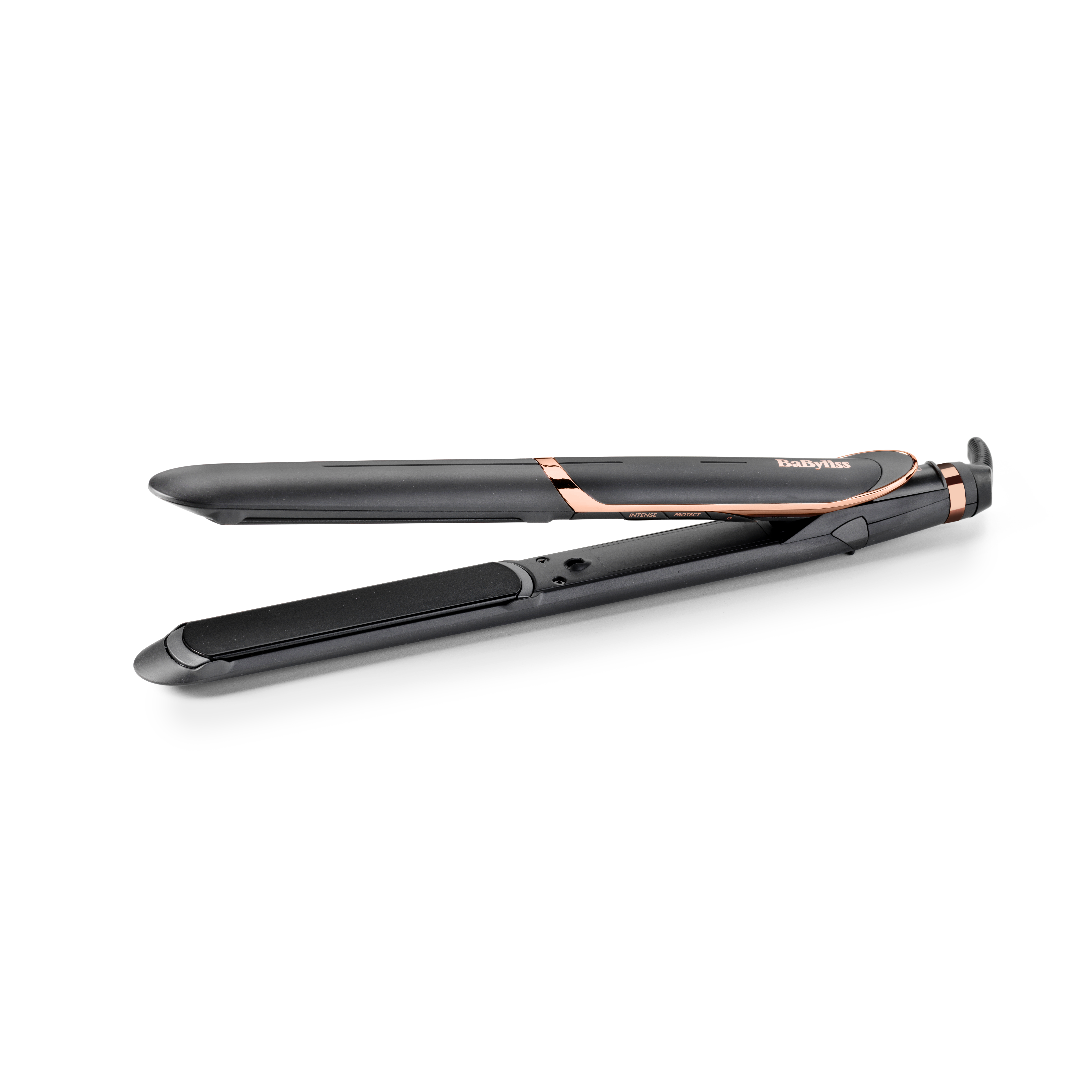 Ein schwarzes und roségoldenes BaByliss-Glätteisen ist geöffnet. Der Markenname ist sichtbar. Der Hintergrund ist weiß.