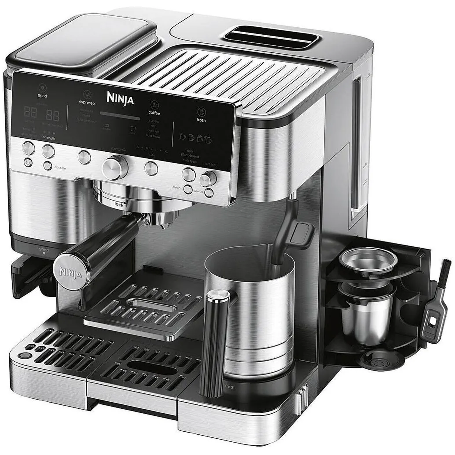 Een zilverzwarte Ninja koffiemachine. Het heeft meerdere knoppen en instellingen voor espresso, koffie en melk opschuimen.