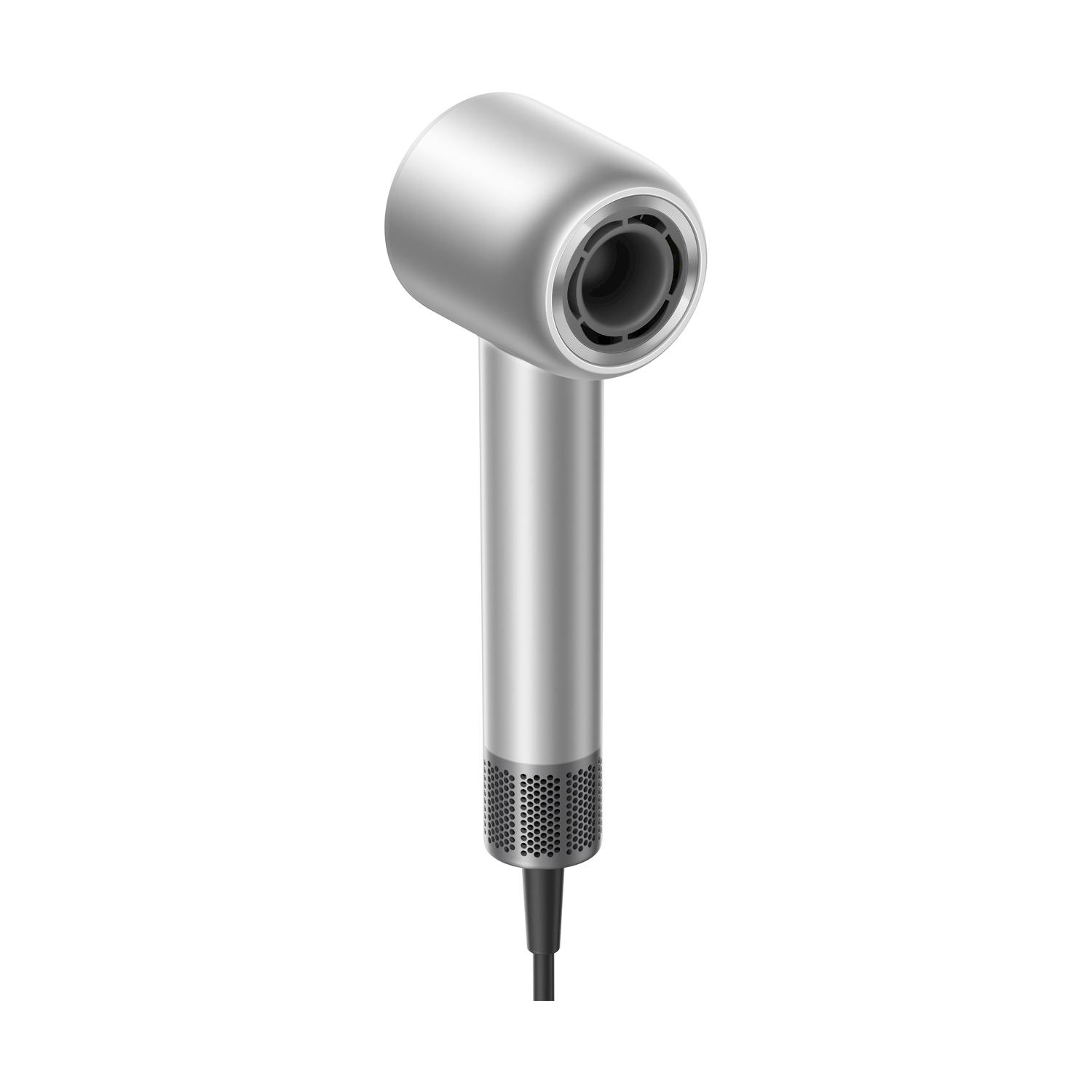 Un asciugacapelli Dyson argentato su sfondo bianco. Ha un'impugnatura cilindrica e una testa rotonda con una ventilazione interna nera.