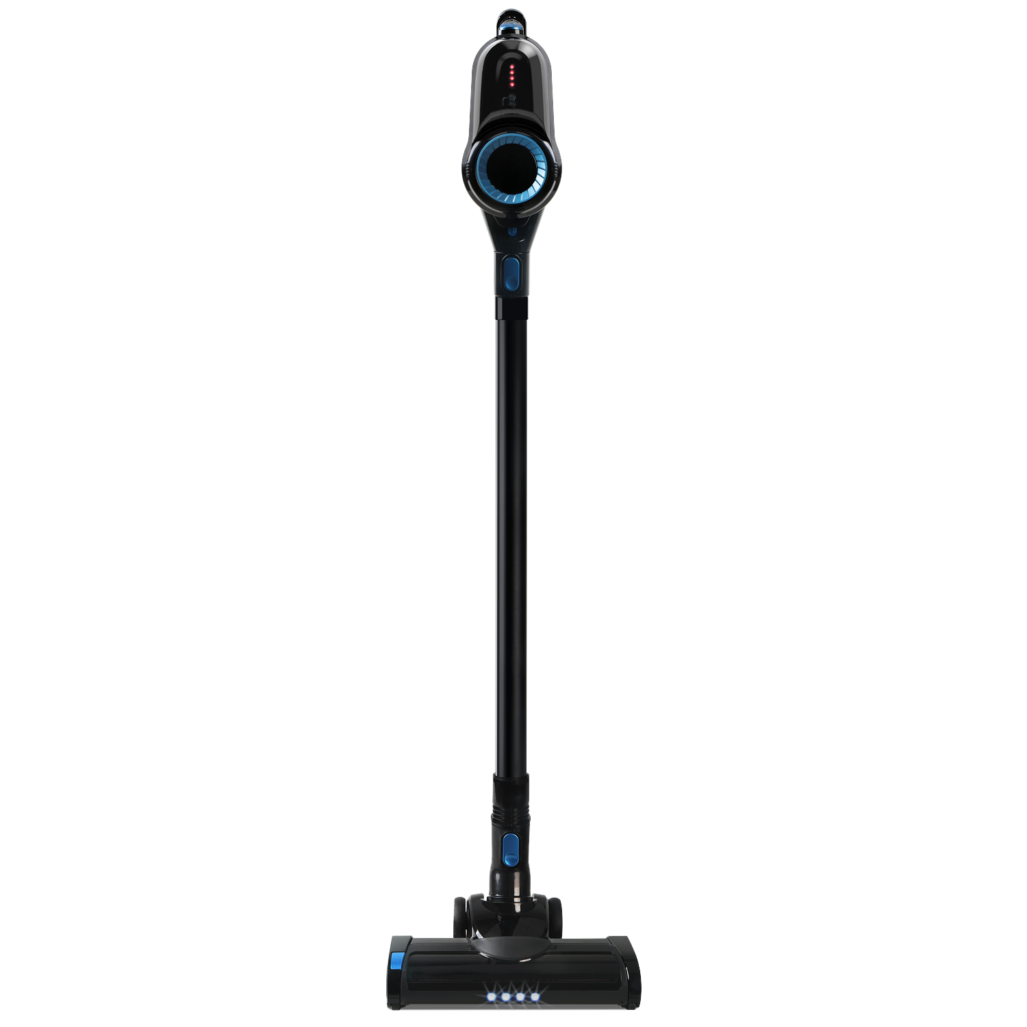 A black and blue cordless vacuum cleaner, upright. It has a long handle and a brush head. Details include a power button and lights.