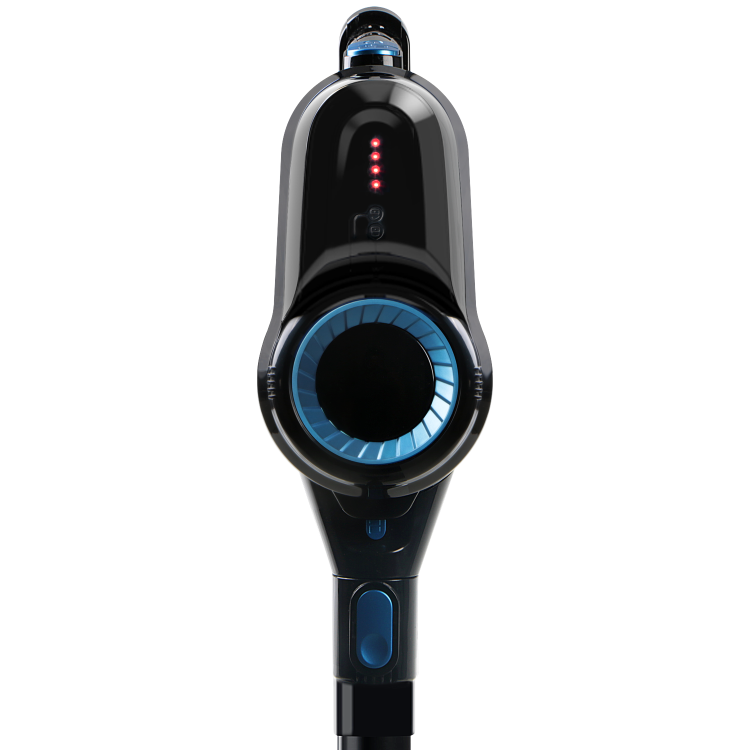 A black and blue vacuum cleaner against a white backdrop. It has indicator lights and a button. There is a blue circular detail.