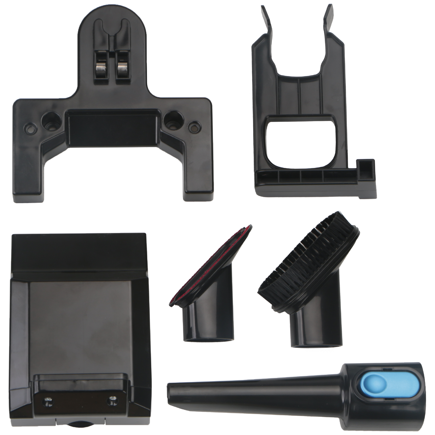 Black vacuum cleaner attachments on white background. Parts include a brush, nozzle, holder, and a flat cleaning head.