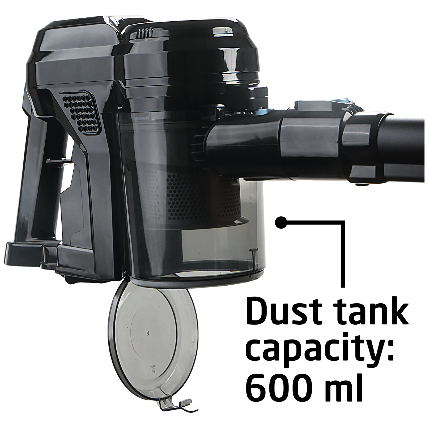 A black cordless vacuum cleaner, with an open dust tank lid. Text reads 'Dust tank capacity: 600 ml'.