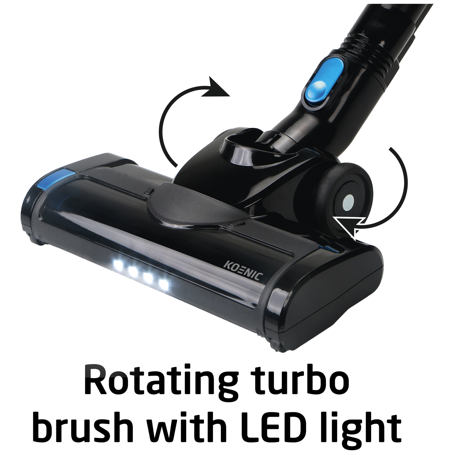 Black vacuum cleaner head with LED lights. Arrows indicate rotating brush. Blue button on the handle.