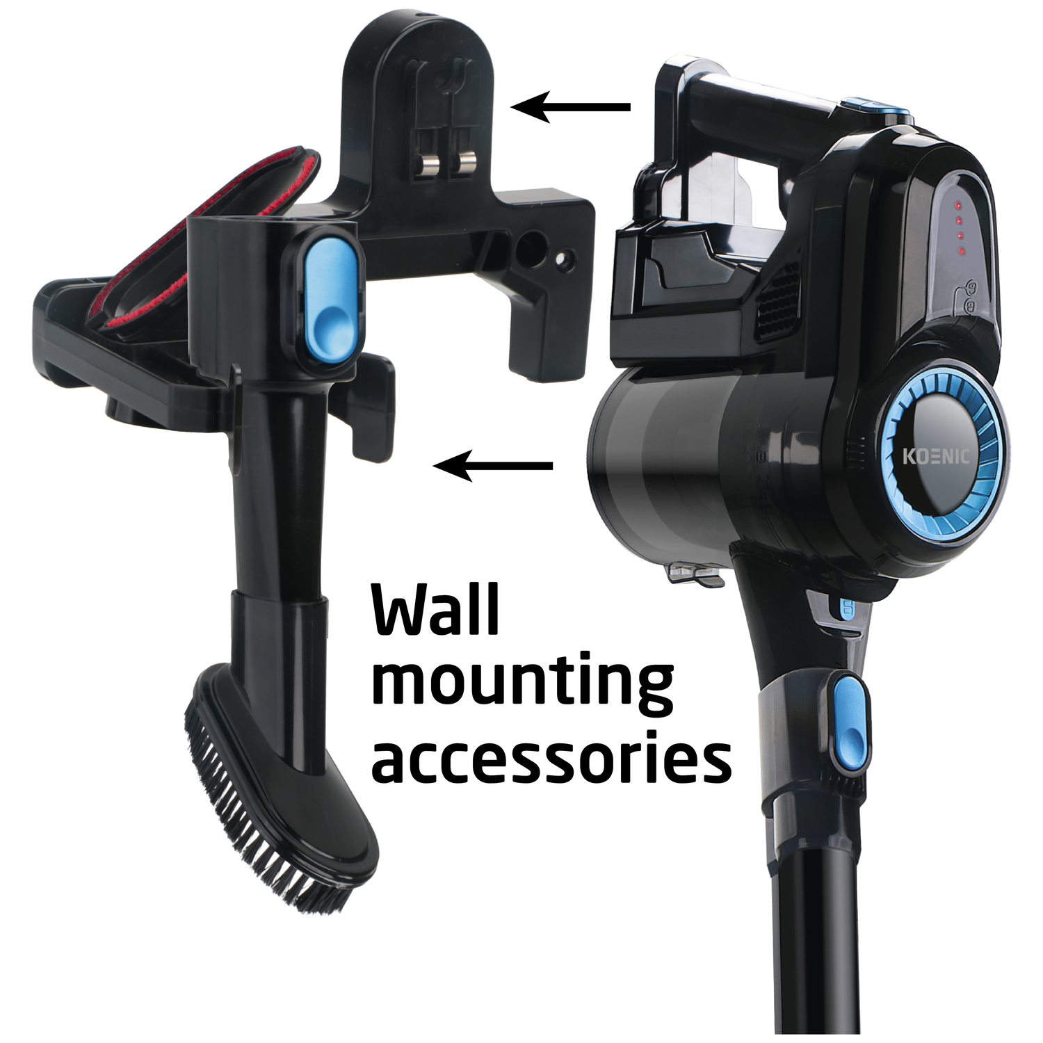 Black Koenic vacuum cleaner with wall mounting accessories. Parts include a brush, and charging mount with arrows indicating connection.