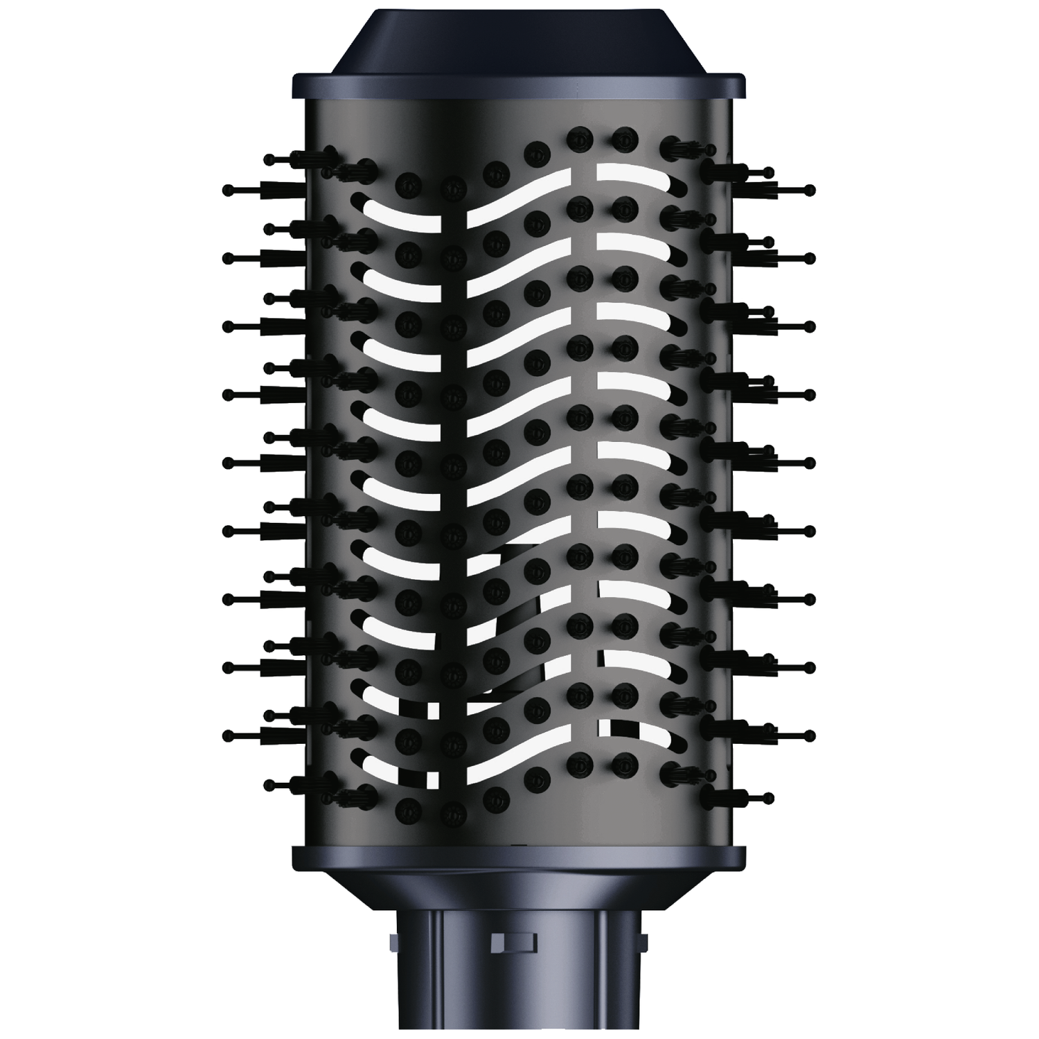 A black and gray hair styling brush with a cylindrical body, wavy white vents, and black bristles, isolated on white background.