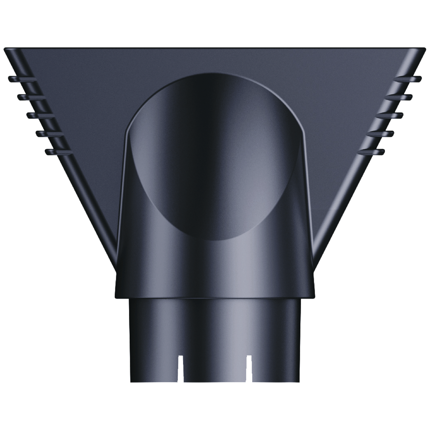 A black hair dryer nozzle. It has a wide, triangular shape with a curved top and a cylindrical base with two slots.