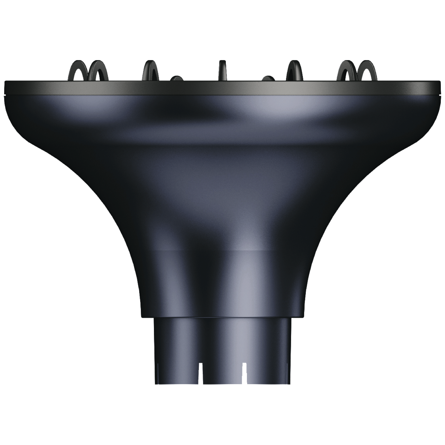A black hair dryer diffuser. It has a wide cone shape and a cylindrical base. There are several small loops on top.