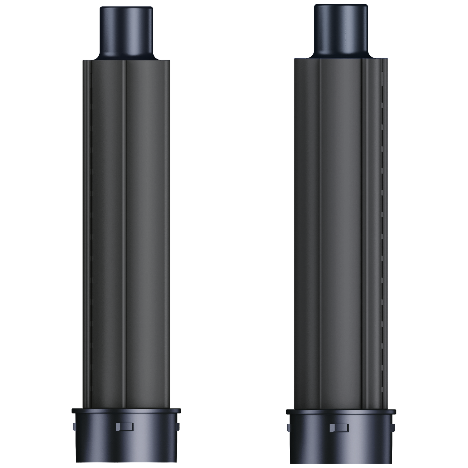 Two black cylindrical objects on a white background. Each object has a dark top and a base. One has a line of dots.