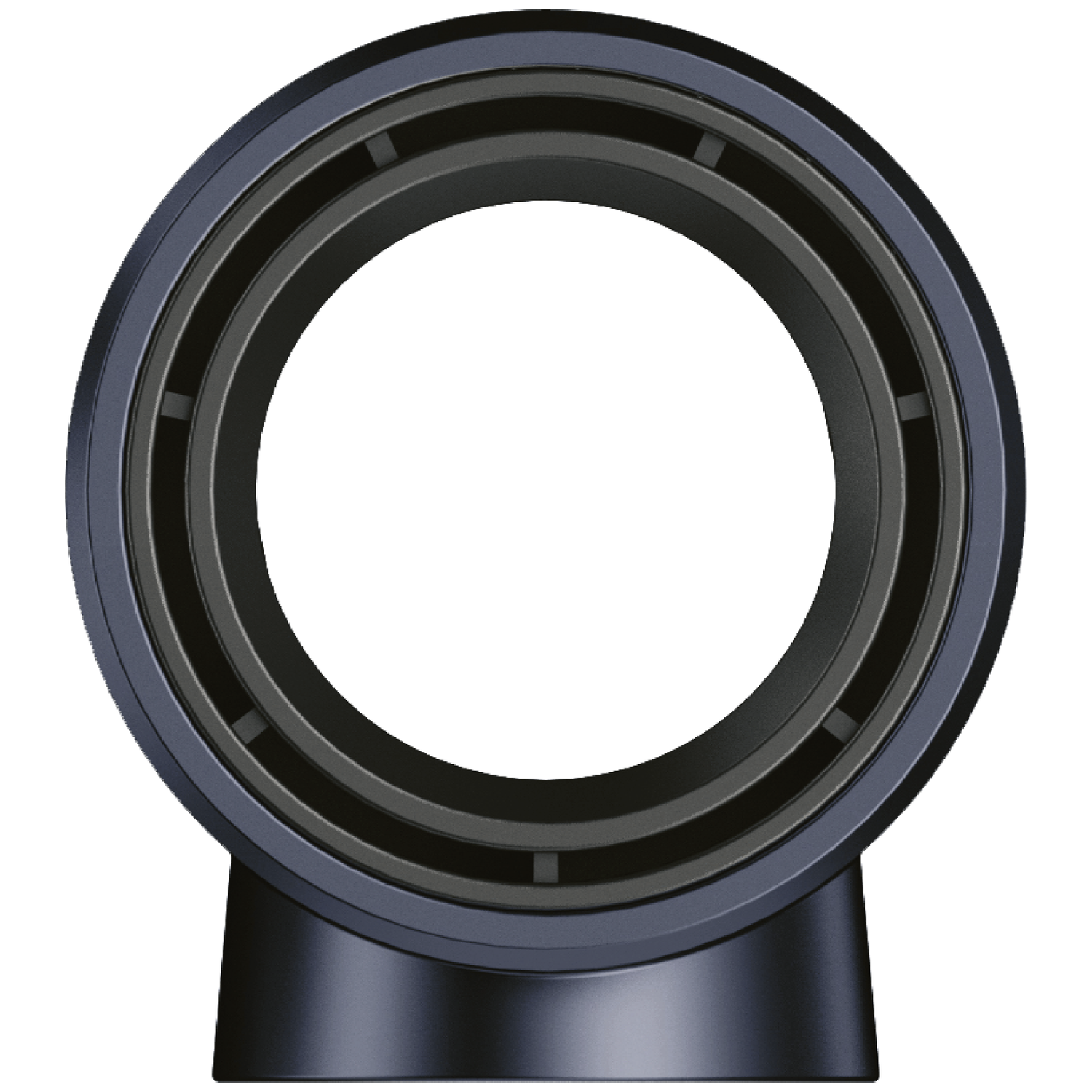 A black and gray bladeless fan. The fan has a circular design with a stand. The center is empty.