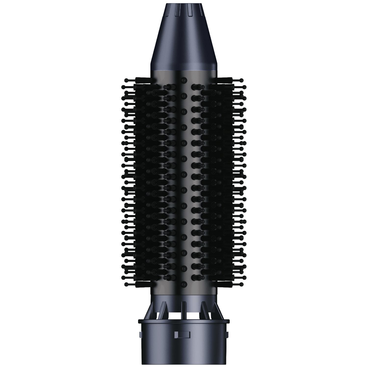 A black hair styling brush with bristles arranged around the central barrel. It has a dark handle and a white background.