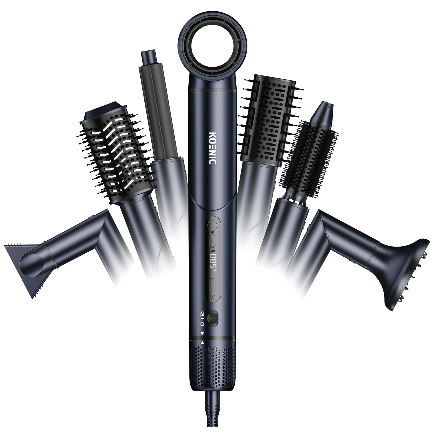 A dark blue hair styling tool with various attachments, including brushes and nozzles. The brand name is KOENIC. The background is white.
