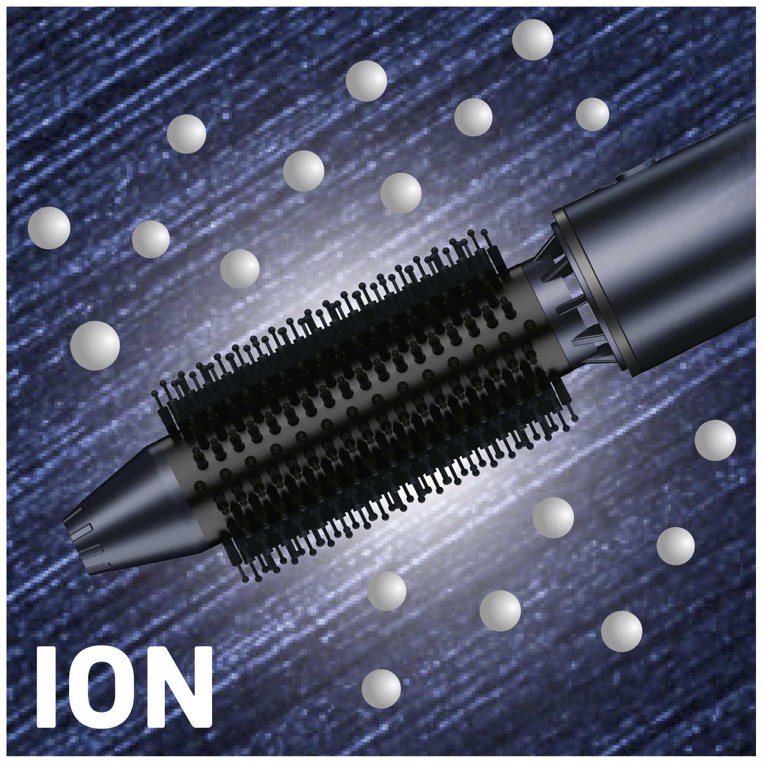 An electric hair brush with the word ION. The brush is black and surrounded by white spheres, against a blue background.