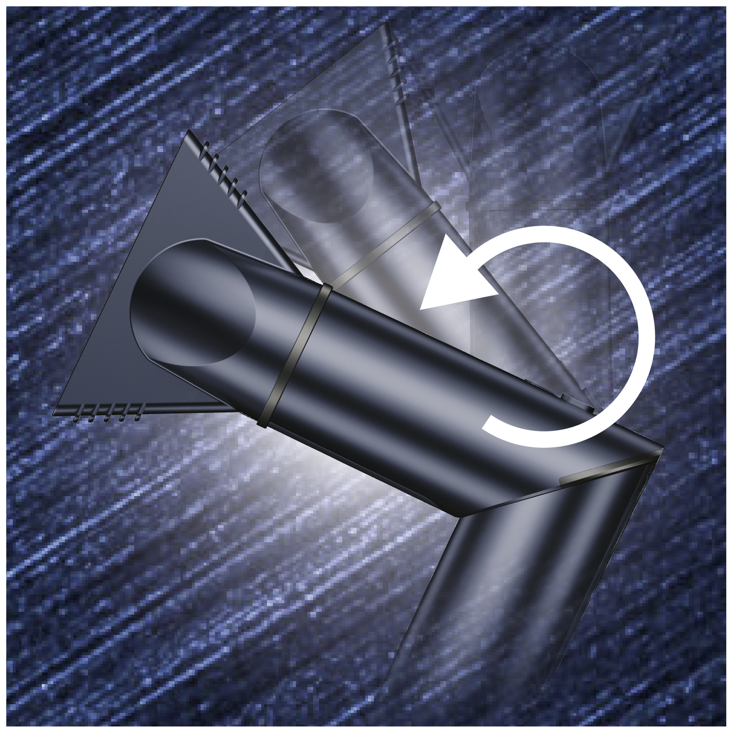 A metallic structure with a rotating arrow. It is dark grey with a blue textured background. The arrow indicates a clockwise rotation.
