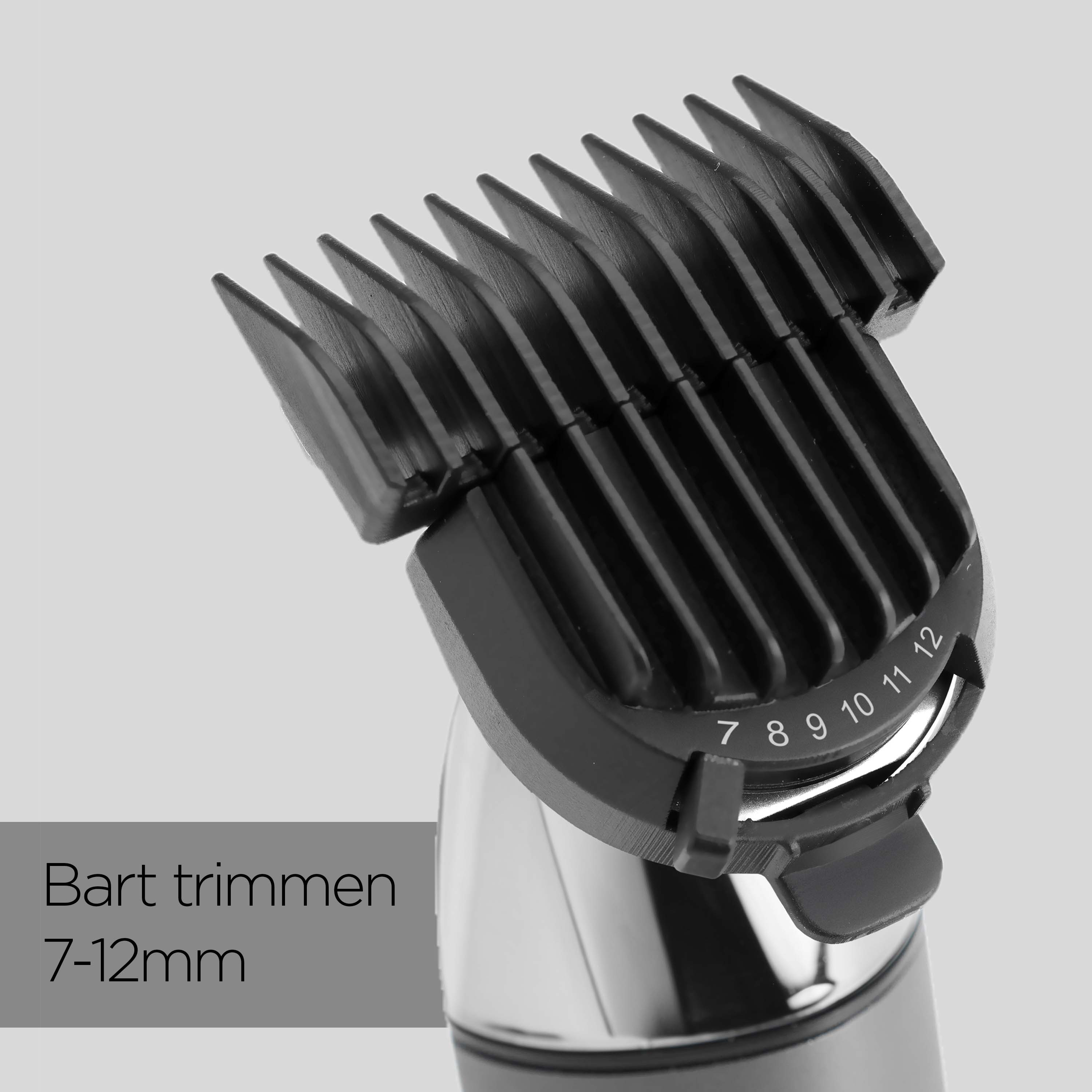 Schwarzer Barttrimmer-Aufsatz mit den Zahlen 7-12. Der Aufsatz befindet sich auf einer silbernen und schwarzen Trimmerbasis, auf grauem Hintergrund.