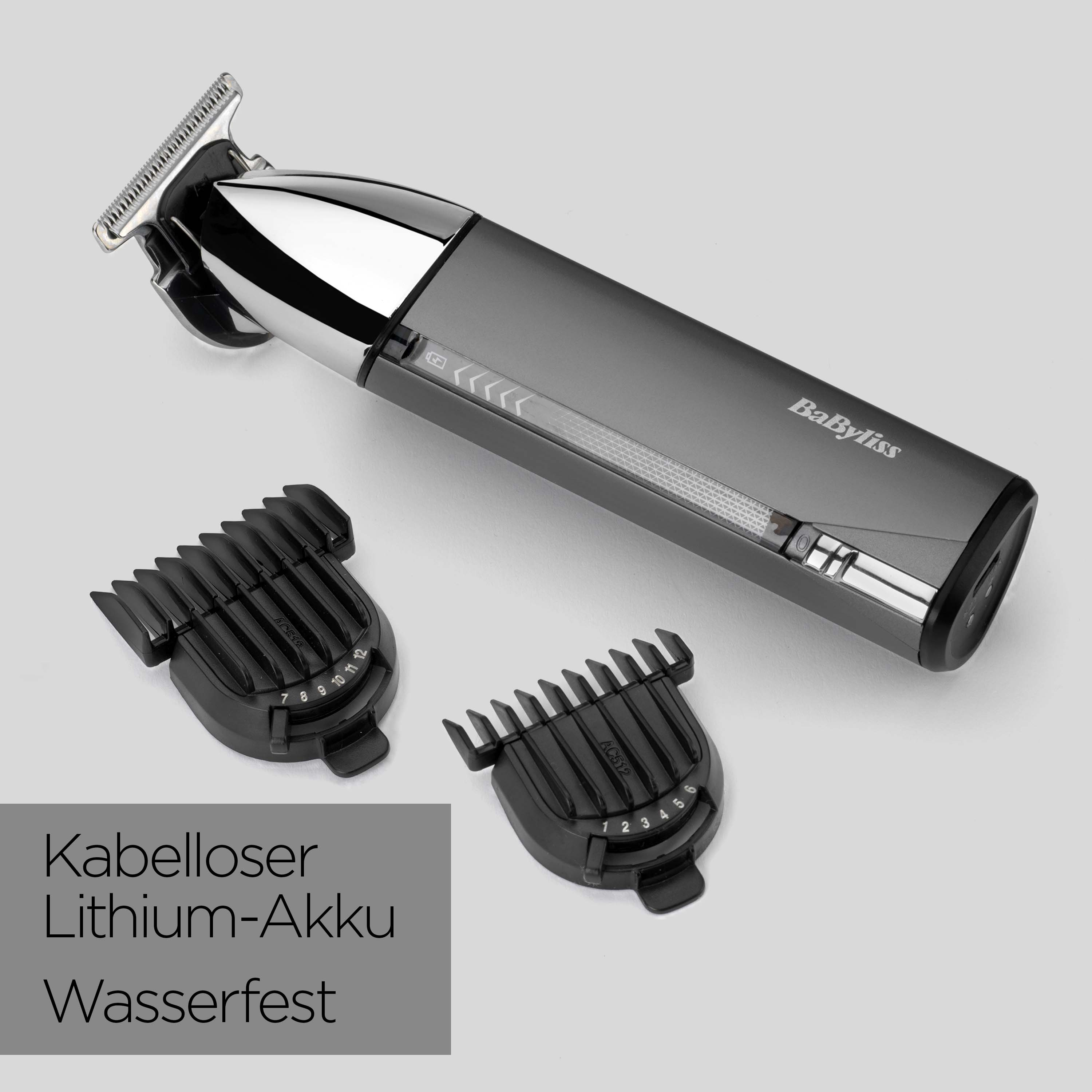 Grauer Babyliss-Haarschneider mit zwei schwarzen Kammaufsätzen. Text: Kabelloser Lithium-Ionen-Akku und wasserdicht.