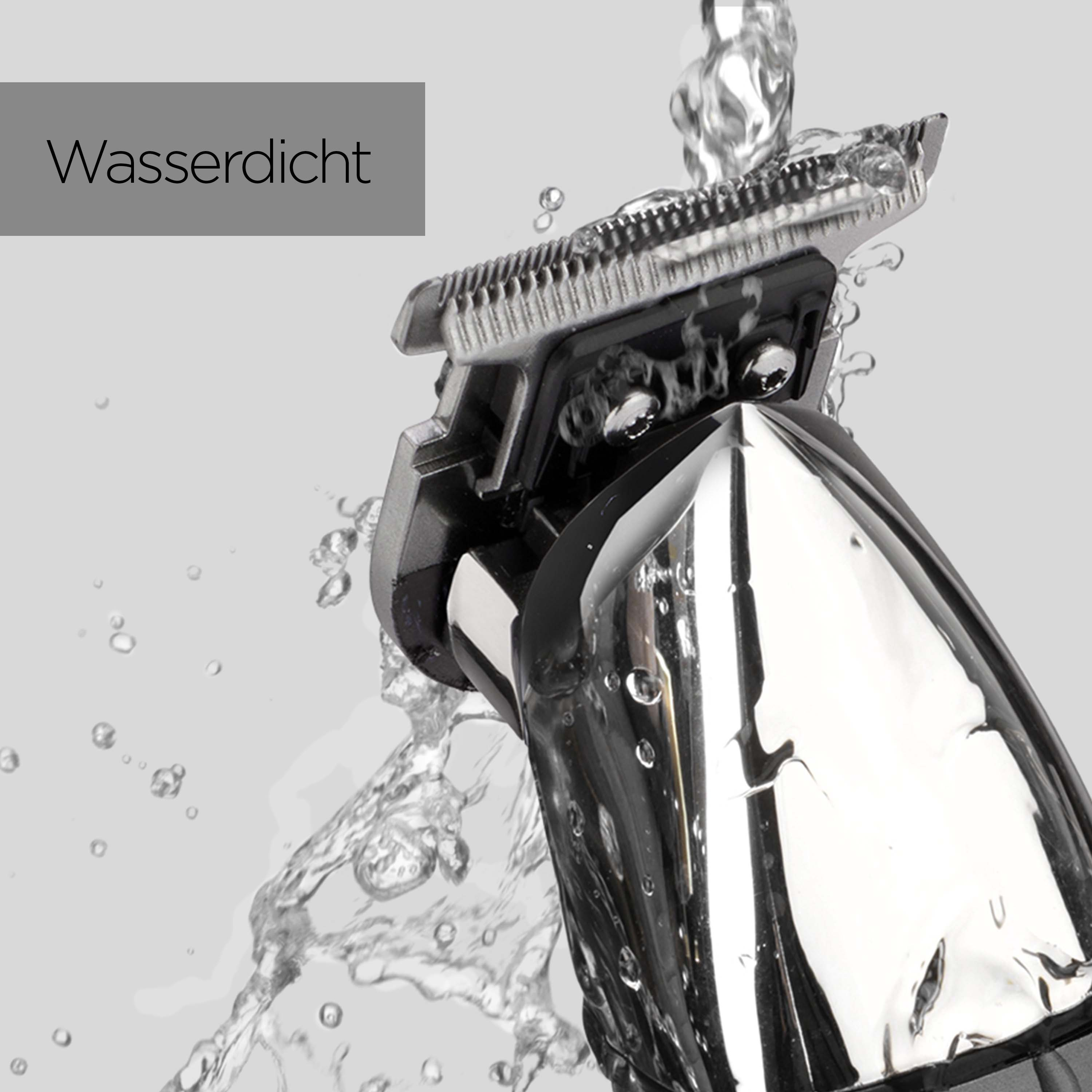 Ein wasserdichter Rasierer befindet sich unter fließendem Wasser. Wassertropfen umgeben den Rasierer. Das Wort 'Wasserdicht' wird angezeigt.