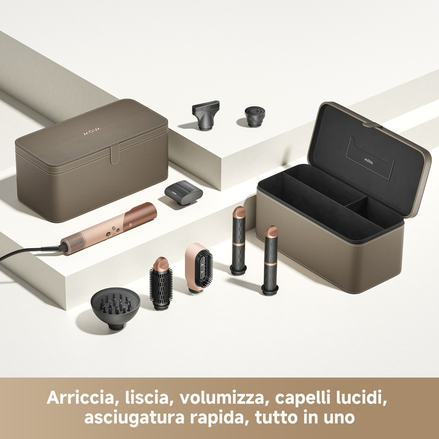 Un set per lo styling dei capelli con asciugacapelli, vari accessori e una custodia da viaggio, il tutto in un'organizzazione moderna e pulita.