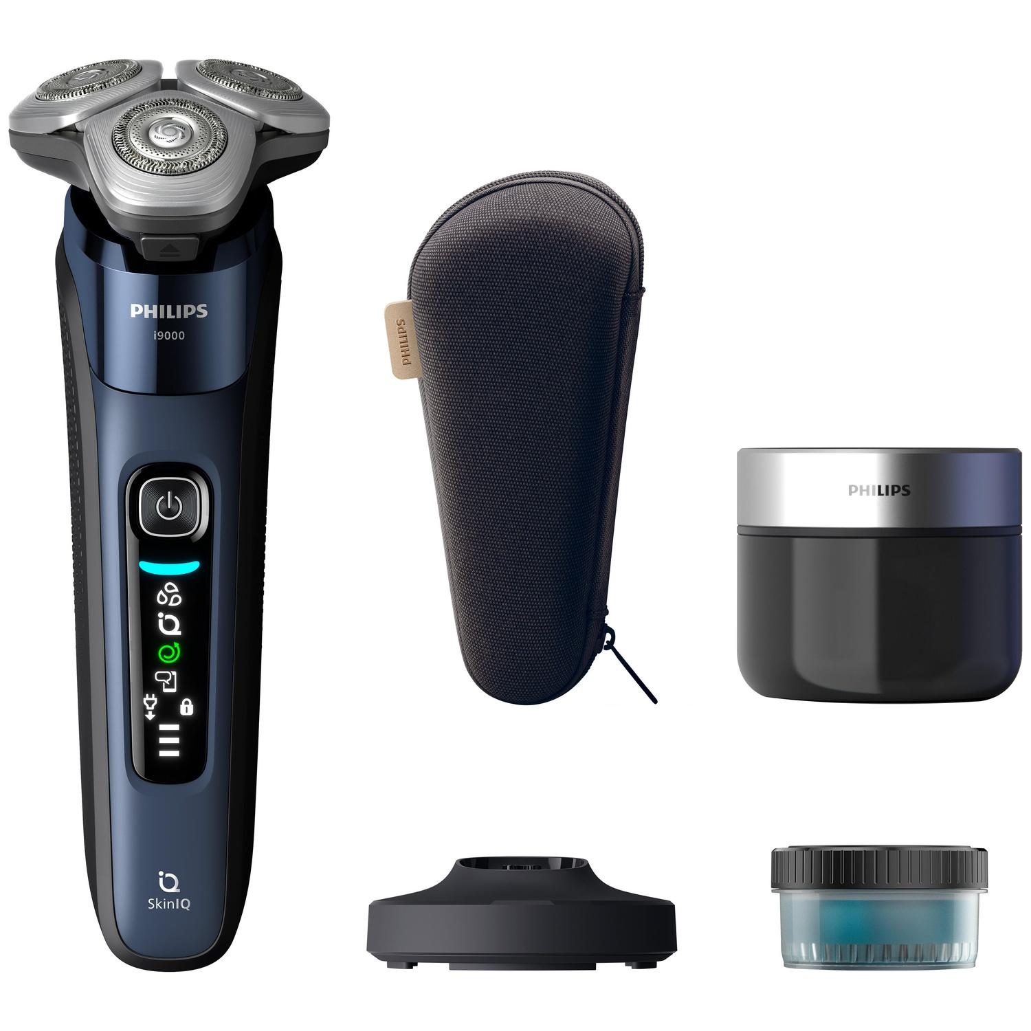 A Philips electric shaver with accessories: a case, a jar of cream, a cleaning product, and a charging base.