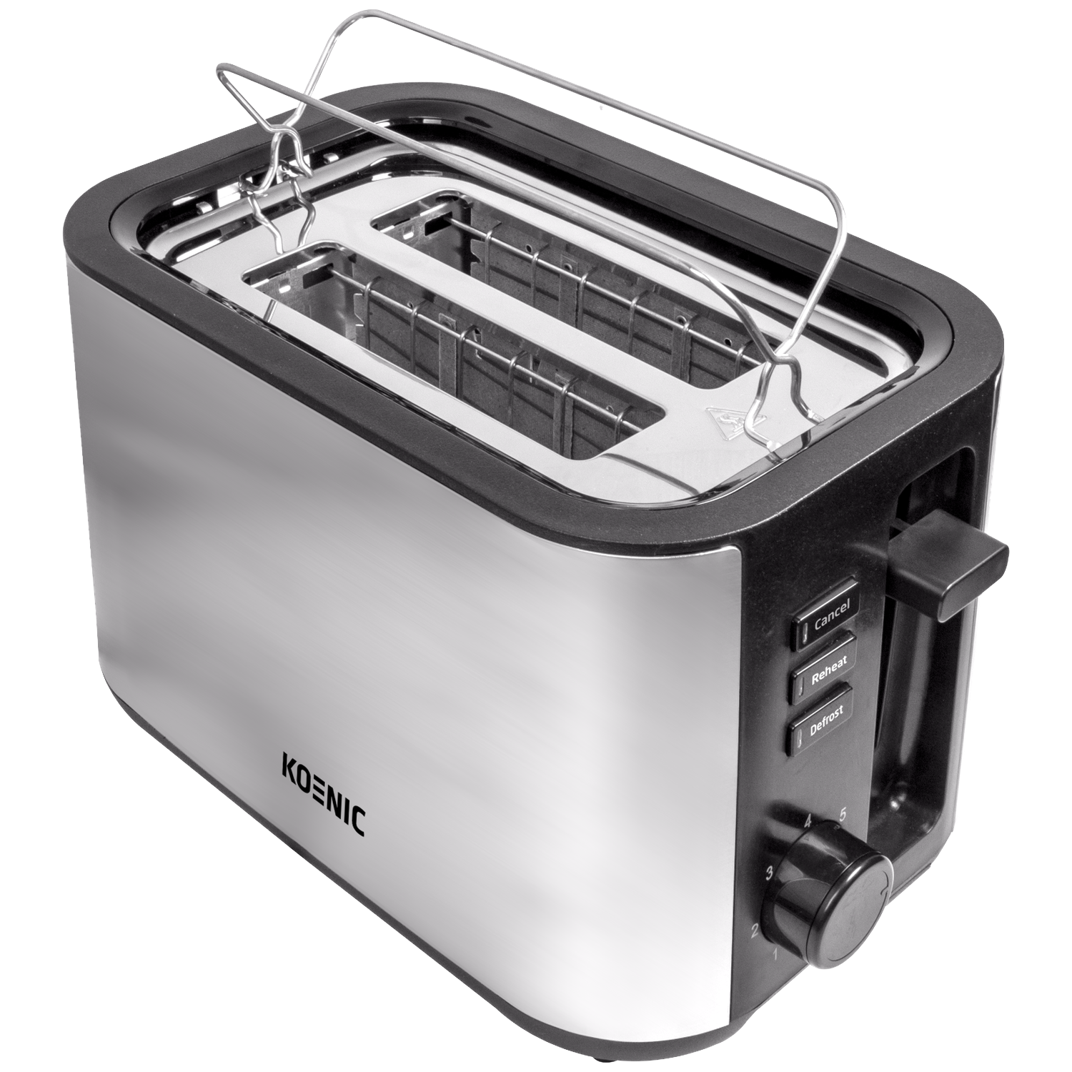 A silver Koenic toaster with black accents. It has slots for bread, control buttons, and a knob for setting the toasting level.