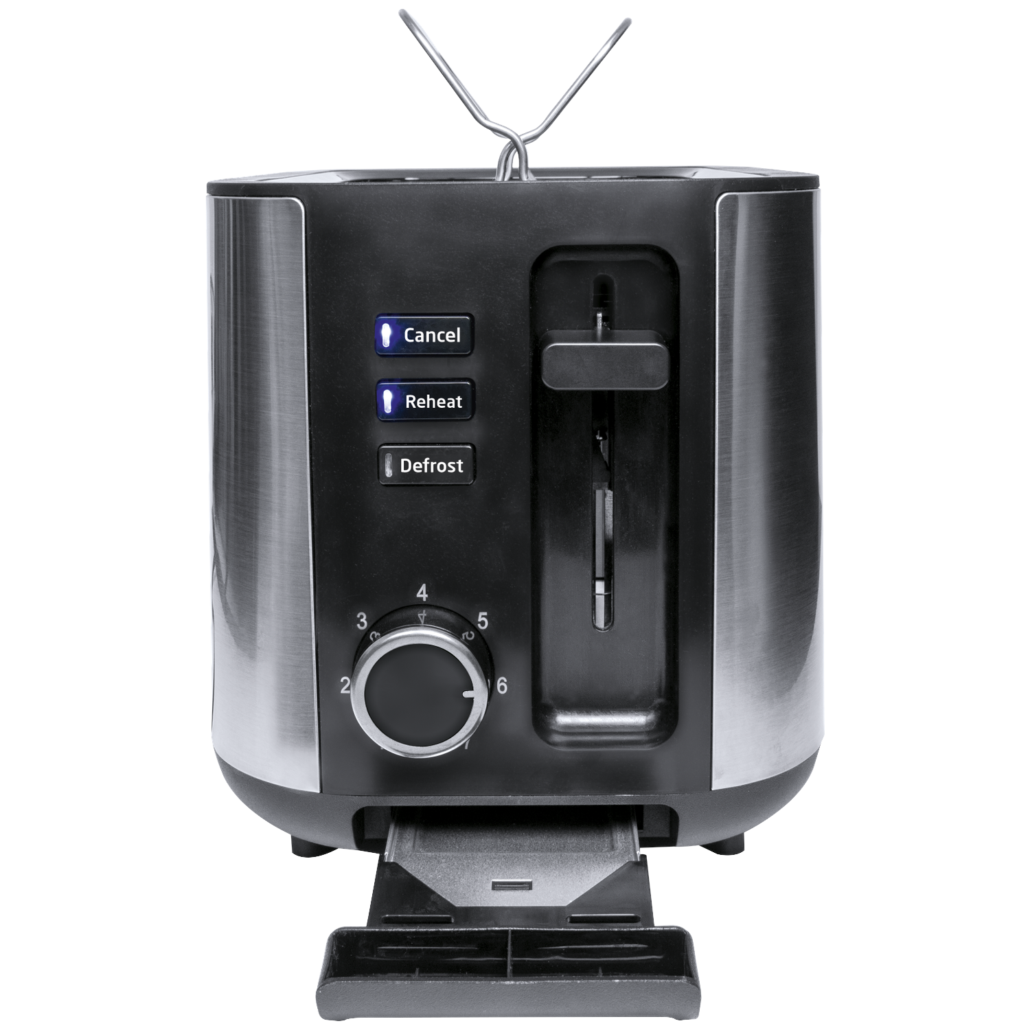 A stainless steel and black toaster, with a dial for browning, and buttons for cancel, reheat, and defrost. The crumb tray is open.