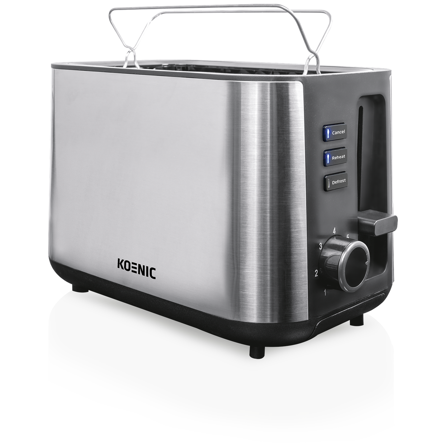 A silver and black Koenic toaster with a handle, buttons for cancel, reheat, and defrost, and a browning control knob.