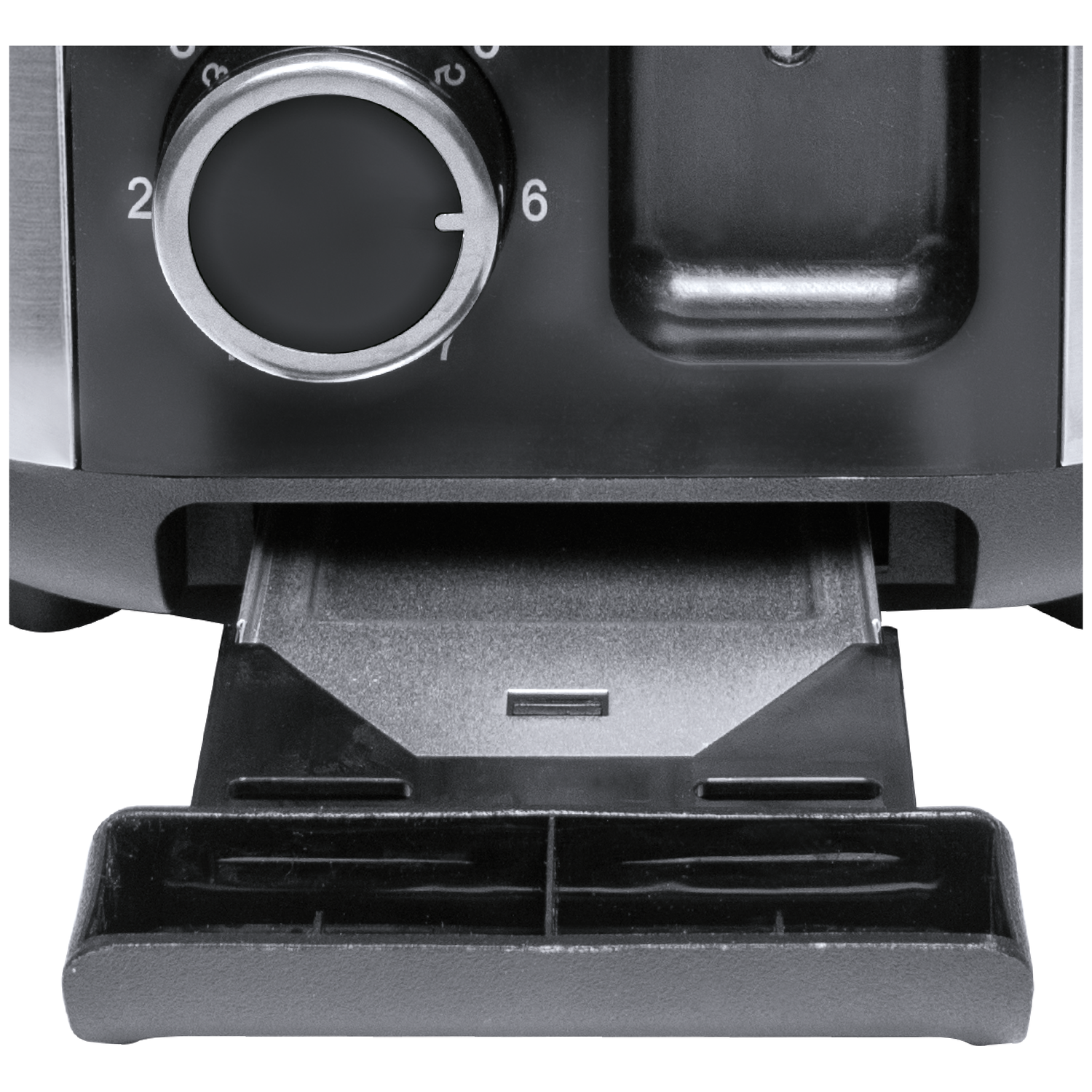 Close-up of a toaster. A dial with numbers 2, 6, and 7. A crumb tray is pulled out. Black and silver color scheme.