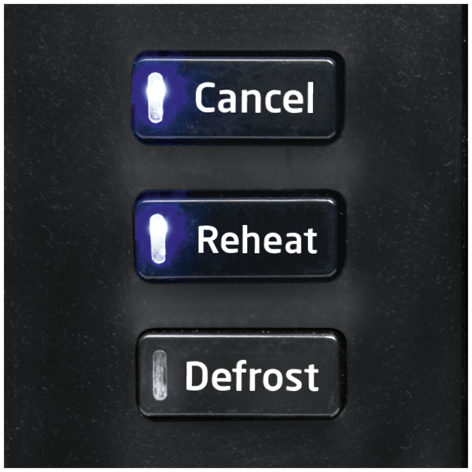 Black appliance control panel with three buttons: Cancel, Reheat, and Defrost, each with white text and an indicator light.
