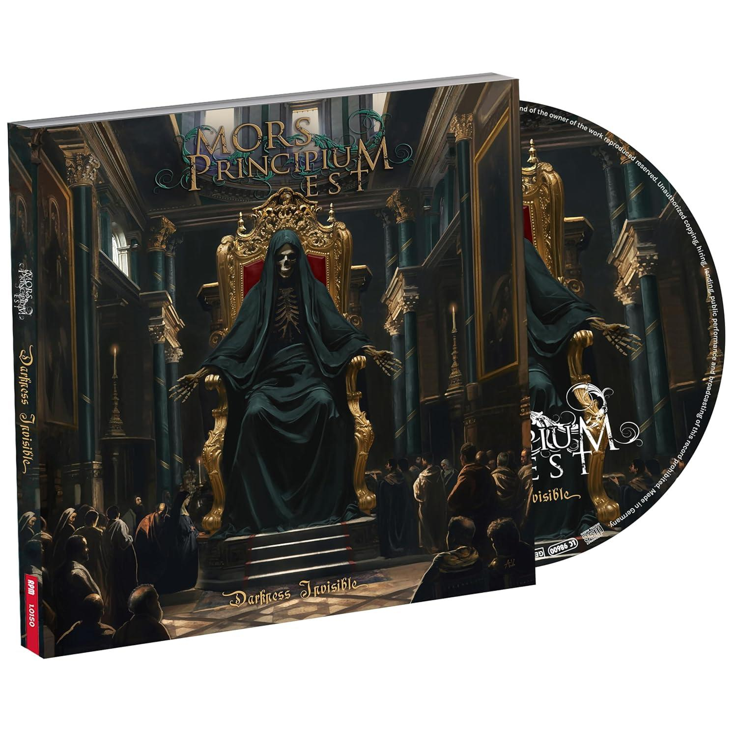 Albumcover zeigt ein Skelett auf einem Thron, umgeben von Menschen. Das Album trägt den Titel 'Mors Principium Est - Darkness Invisible'.
