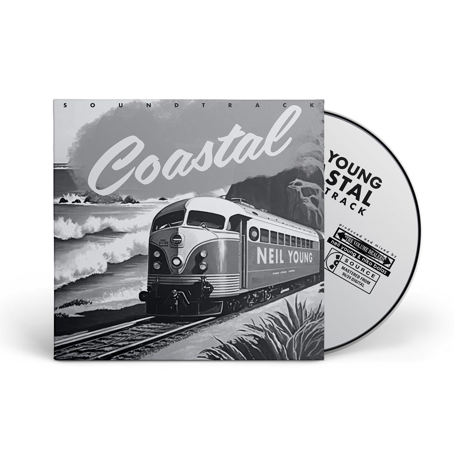 Albumcover mit einem Zug an der Küste, Wellen im Hintergrund und dem Text 'Coastal' und 'Neil Young'.