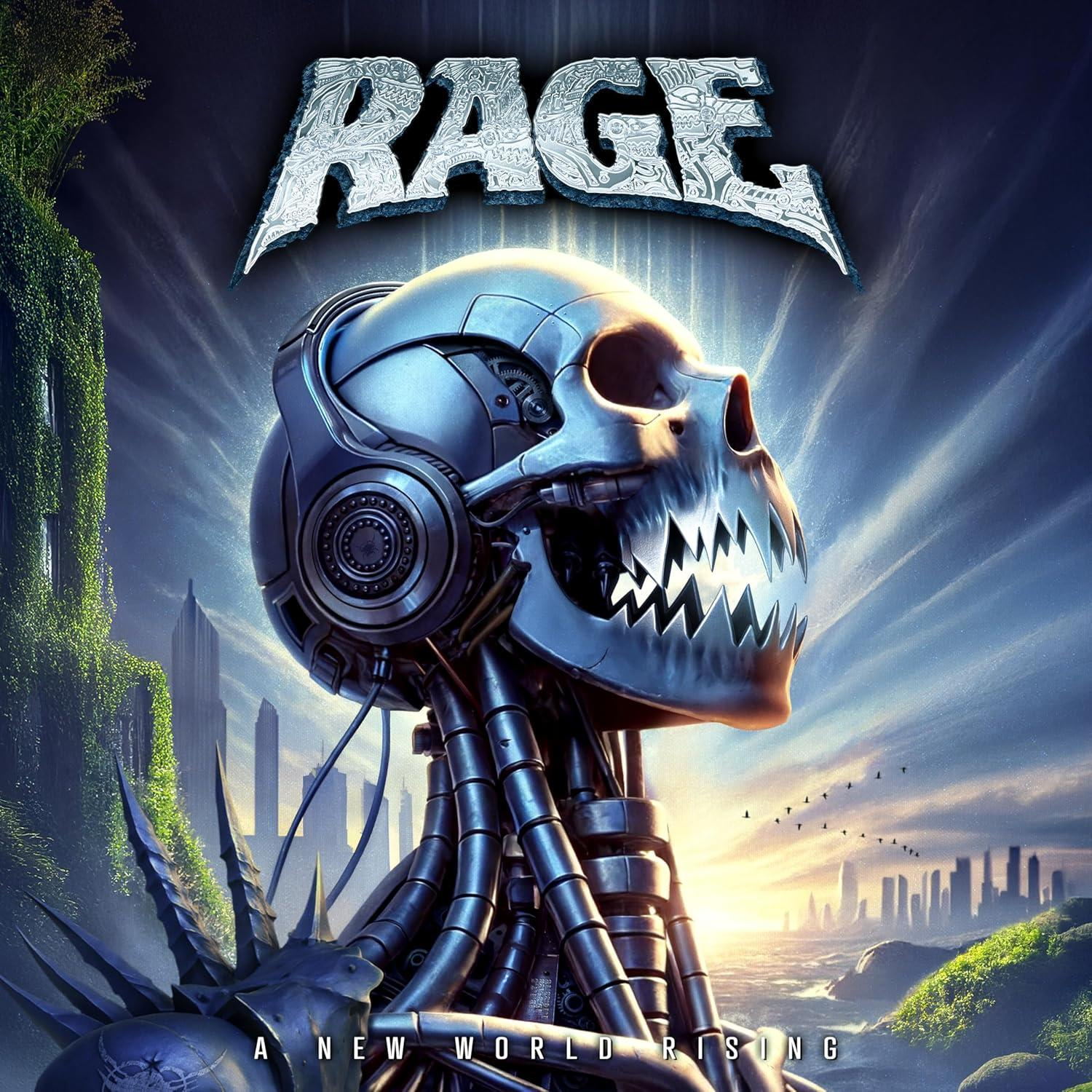 Albumcover mit einem Roboter-Schädel. Das Wort „RAGE“ steht über dem Schädel. Im Hintergrund sind eine futuristische Stadt und Vögel zu sehen.