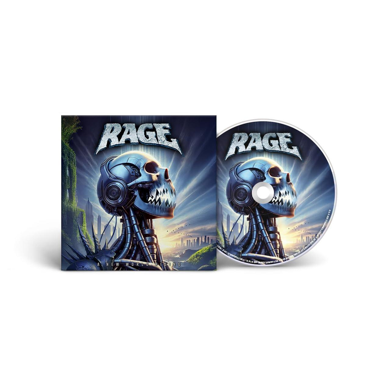 Albumcover und CD. Artwork zeigt einen Roboter-Schädel mit dem Wort 'RAGE'. Hintergrund zeigt eine futuristische Stadtlandschaft bei Sonnenuntergang.