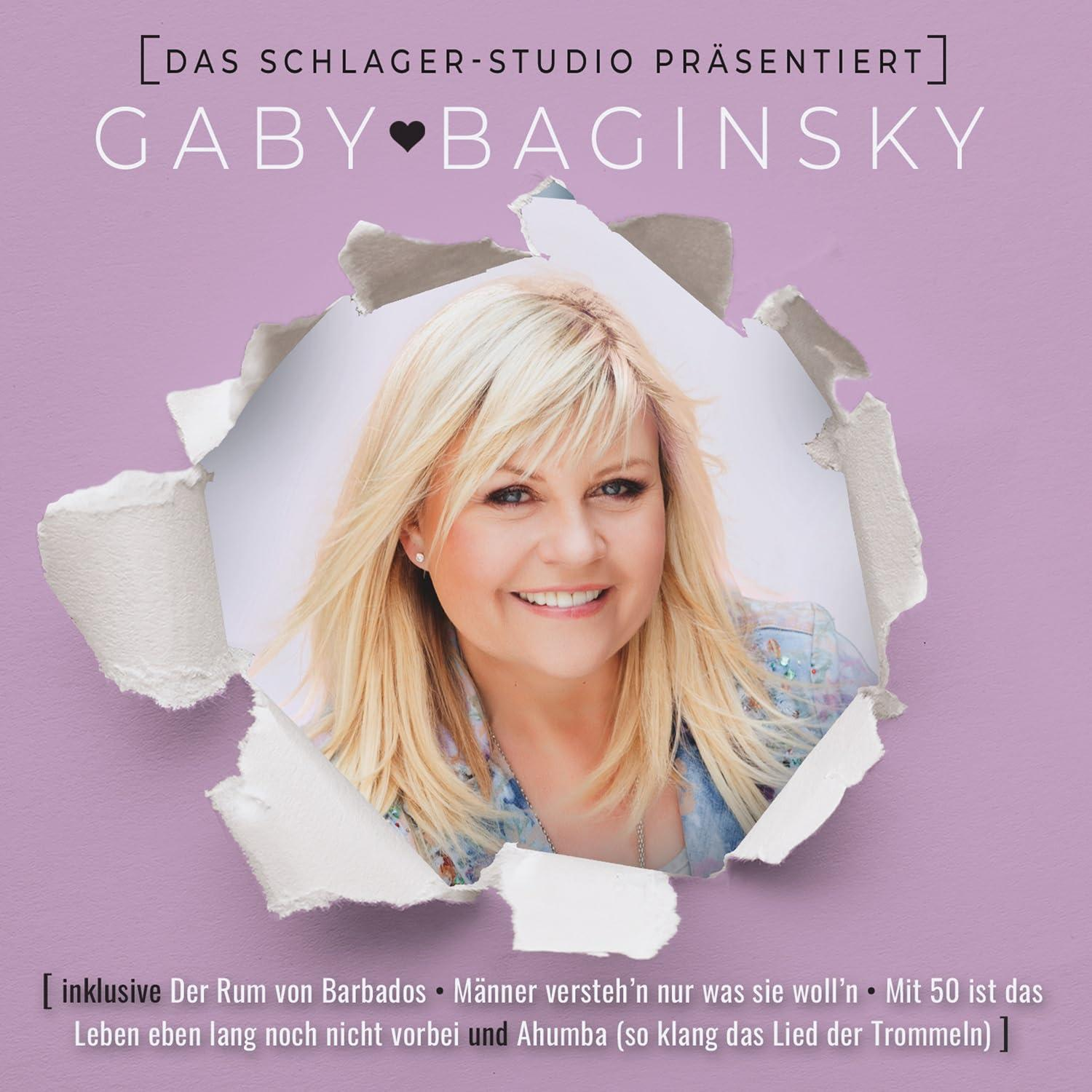 Albumcover mit Gaby Baginsky in einem zerrissenen Papiereffekt. Text enthält ihren Namen und Songtitel auf lila Hintergrund.