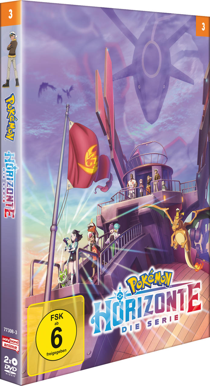 DVD-Hülle von Pokémon Horizons. Charaktere auf einem Schiffsdeck, ein Drache und ein großes Wesen am Himmel sind sichtbar.