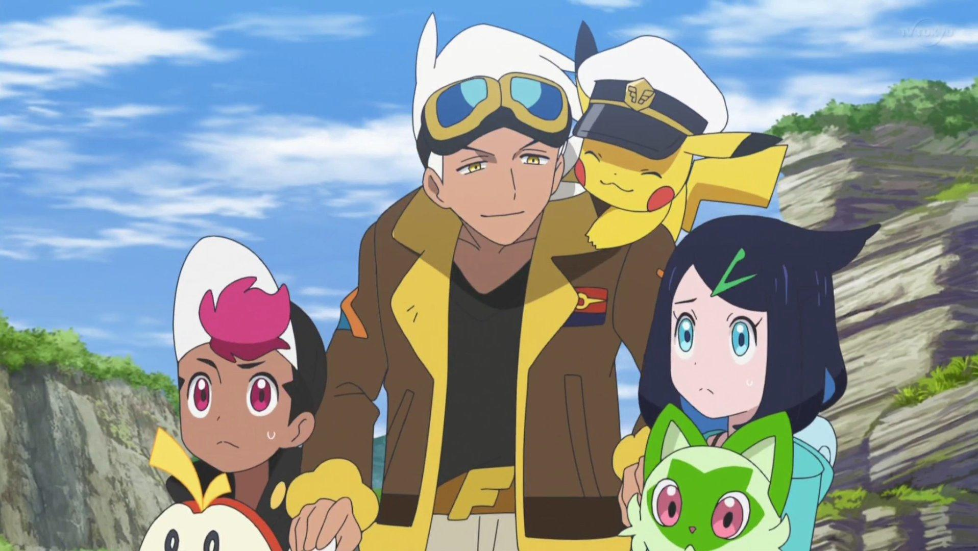 Eine Anime-Gruppe steht auf einem Hügel. Ein Mann mit Brille, ein Pikachu und drei junge Leute mit Pokémon sind zu sehen.