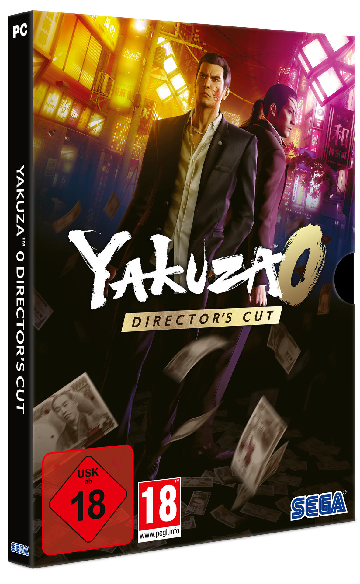 Yakuza 0 Director's Cut Spielcover. Zwei Männer in Anzügen stehen in einer Stadt mit fallendem Geld. Der Titel wird angezeigt.