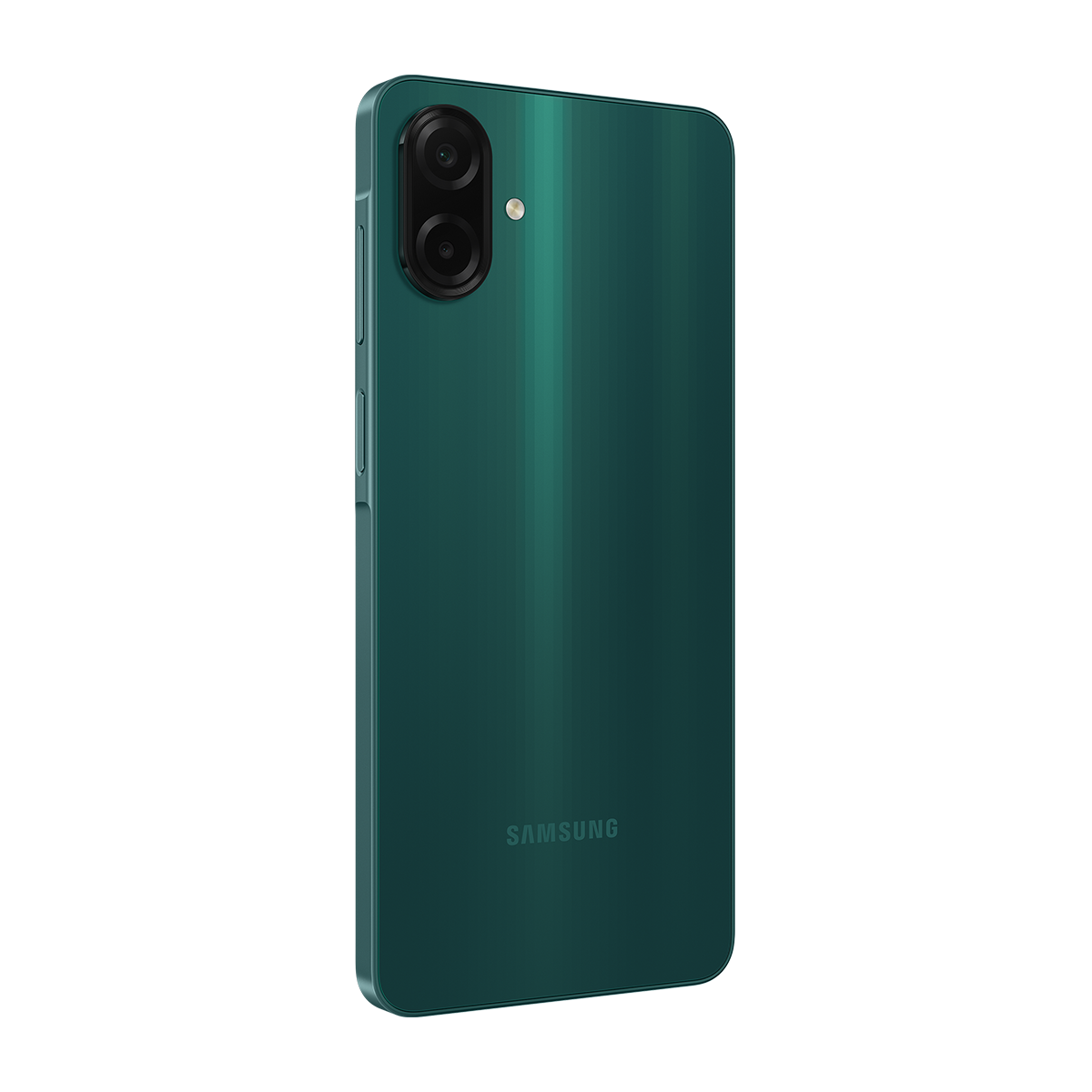 Arka kısmı gösterilen yeşil bir akıllı telefon. Çift kamerası, Samsung logosu ve şık bir tasarımı var.