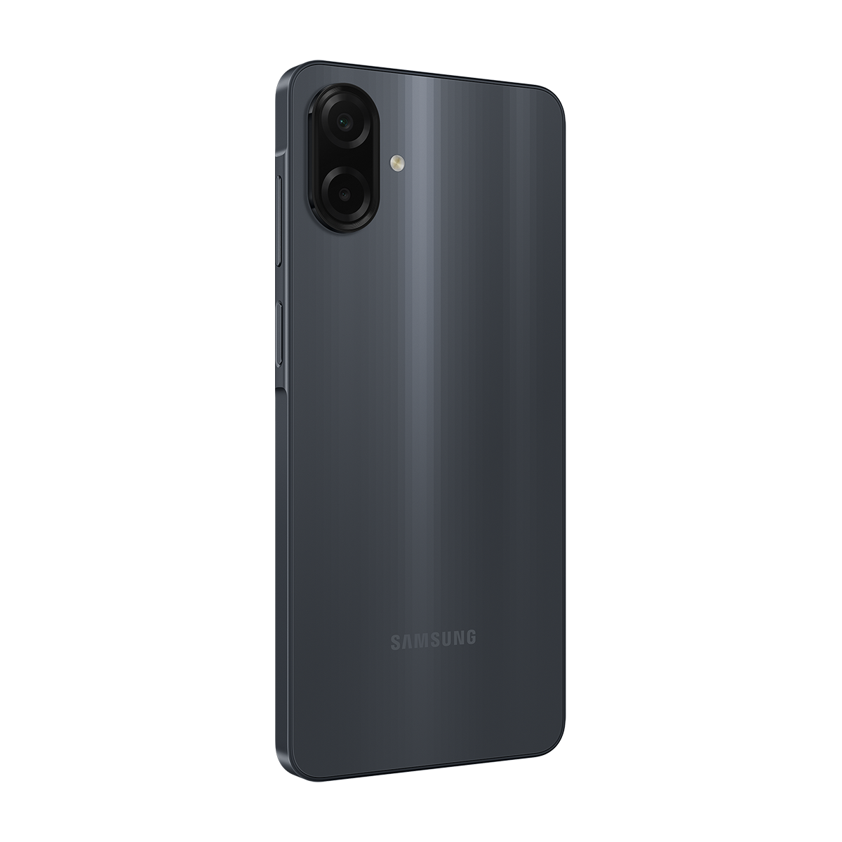 Koyu gri bir Samsung akıllı telefon. Sol üstte çift kamerası ve altta Samsung logosu var.