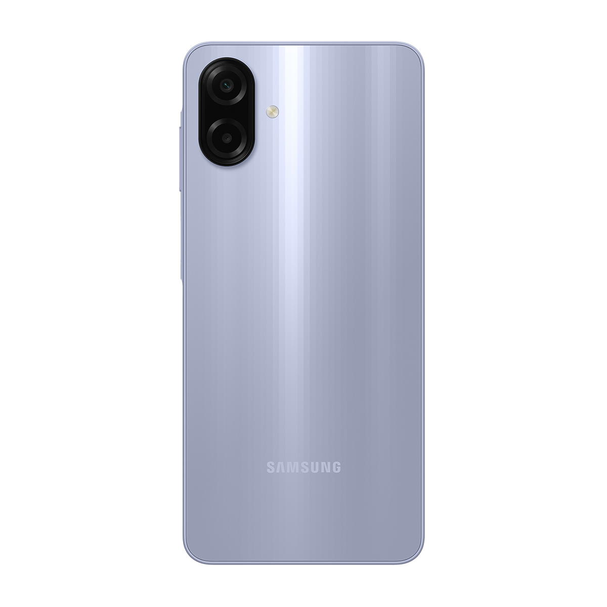 Açık mor bir Samsung akıllı telefon. İki arka kamerası ve bir flaşı var. Samsung logosu altta görünüyor.
