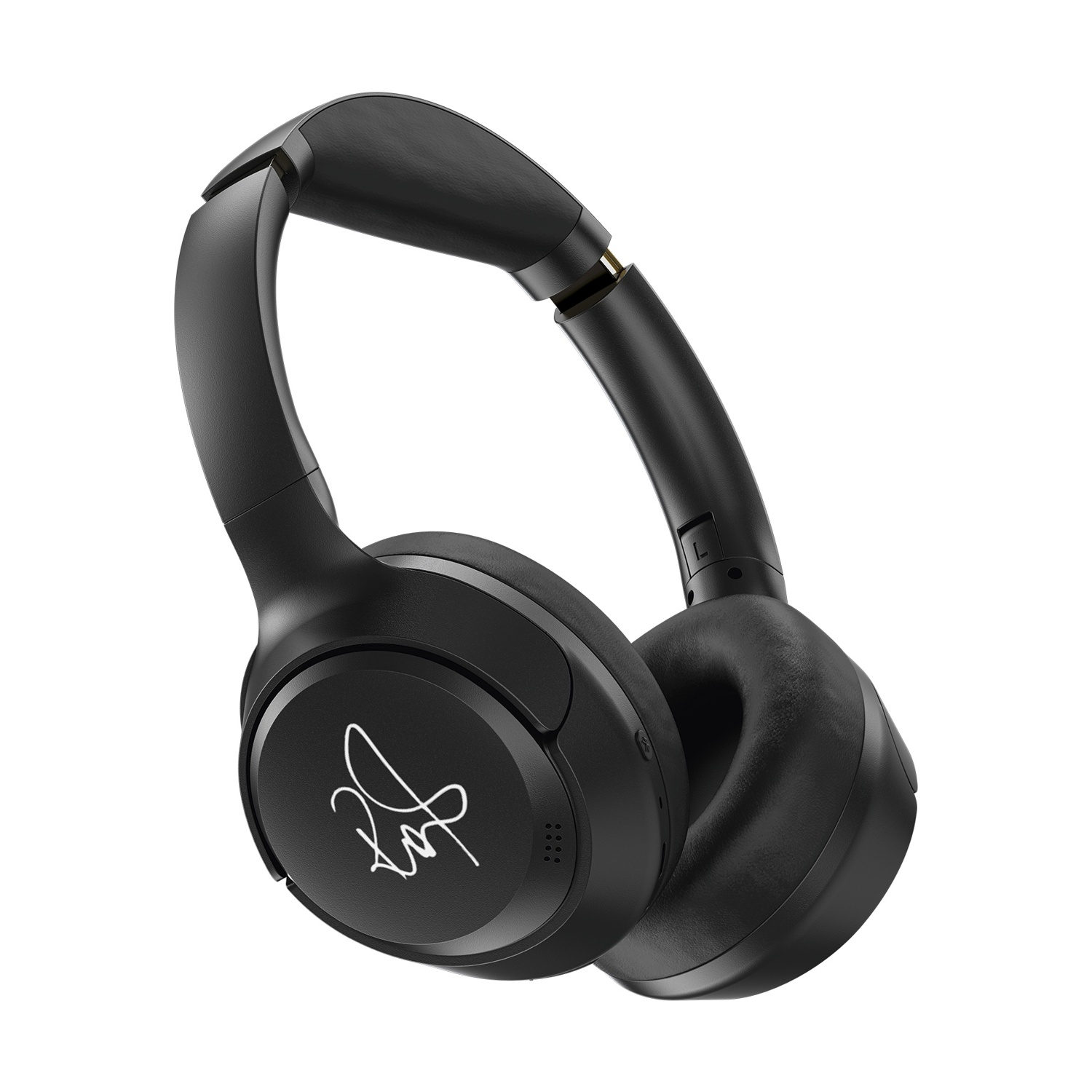 Cuffie nere con logo sul padiglione auricolare. Le cuffie sono over-ear e l'archetto è regolabile.
