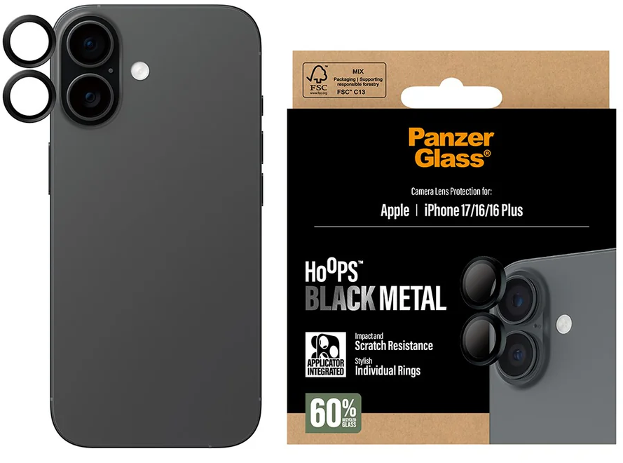 Das Bild zeigt ein iPhone mit Kameralinsenschutz und eine Produktverpackung. Die Protektoren sind schwarze Metallringe. Auf der Box steht PanzerGlass.