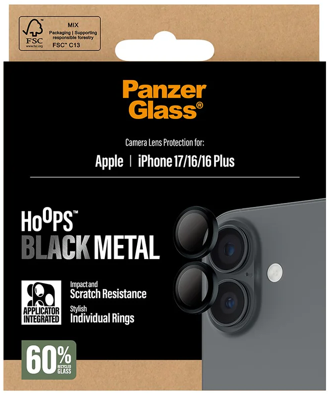 Verpackung von Panzer Glass Kameraschutz. Zeigt schwarze Metall-Linsenabdeckungen und eine Telefonkamera. Text enthält Marke und Funktionen.