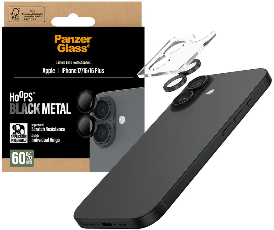 Das Bild zeigt ein schwarzes iPhone mit einem Linsenschutz-Kit. Das Kit enthält Schutzringe und einen klaren Applikator. Die Verpackung ist sichtbar.
